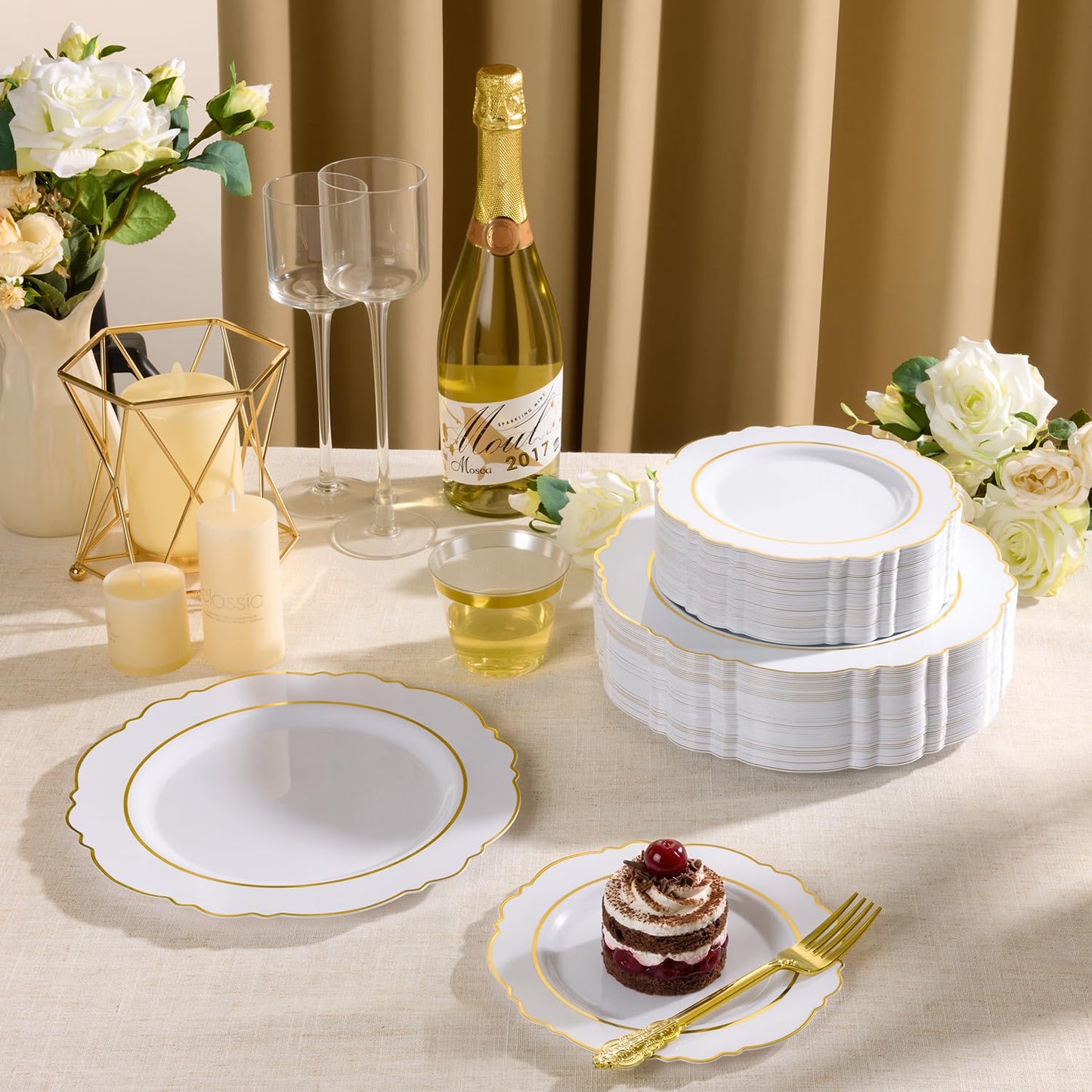 realluck 100PCS White and Gold Plastic Plates, Elegant Disposable Party Plates - 50 Dinner & 50 Dessert Plates, fancy plastic plates for Wedding, Anniversary