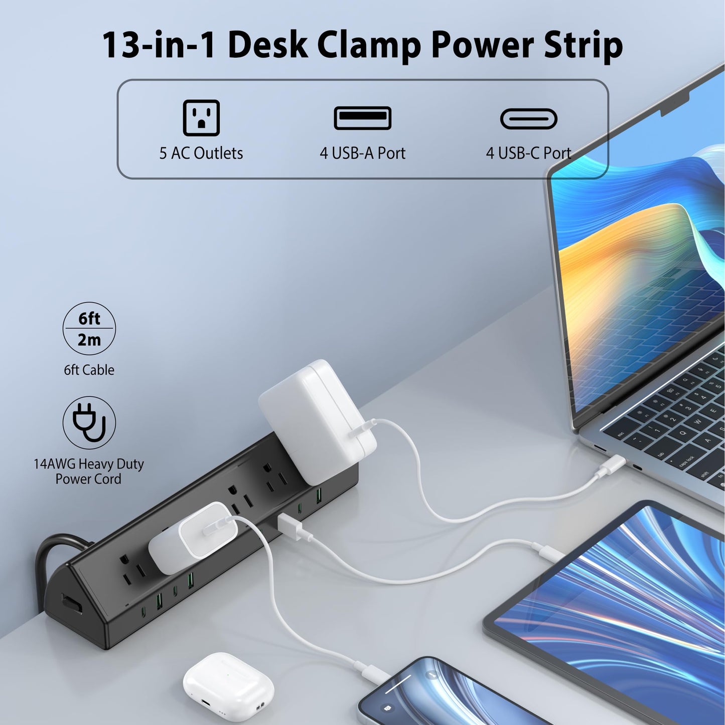 45W Fast Charging Station,Desk Clamp Power Strip,4 PD USB-C Ports,5 AC Outlets,Surge Protector Power Strip, 14AWG Heavy Duty Cord, Fits 1.9" Tabletop Edge (Black, 6 FT Cable)