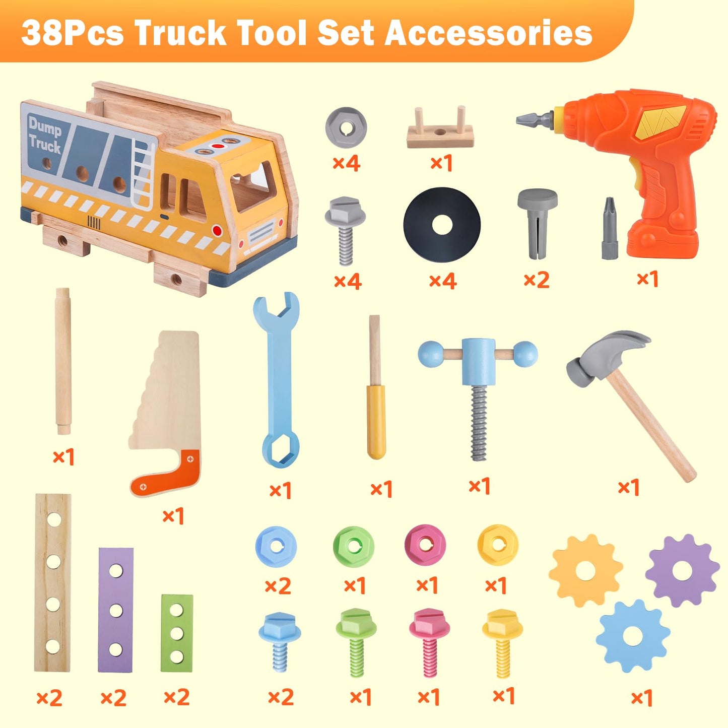 Aliex 38PCS Kids Wooden Truck Tool Set with Toy Drill for Toddlers Ages 3 4 5 6,Montessori STEM Educational Learning Construction Workbench Pretend Play Tool Kit,Birthday Sensory Gift for Boys Girls