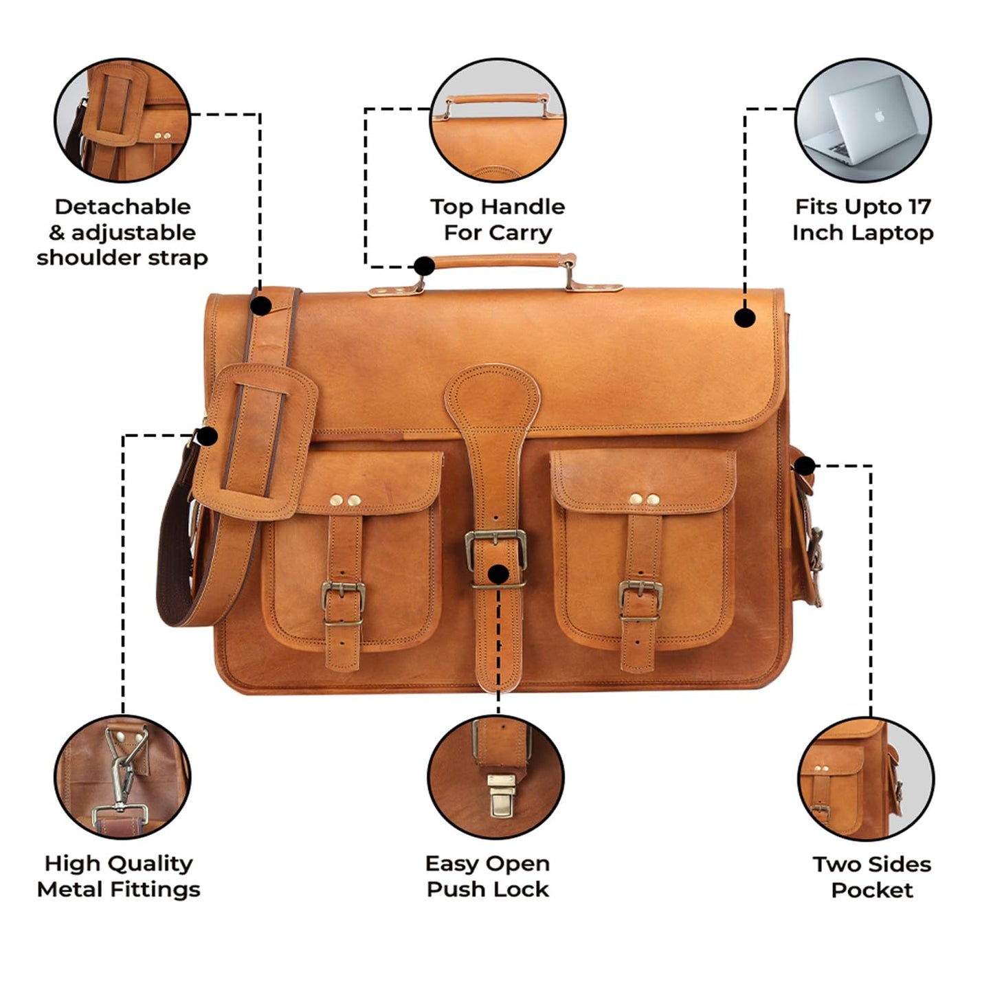 18 Inches Leather Laptop Bag for Men - Genuine Leather Briefcase, Vintage Look Messenger Bag (Tan)