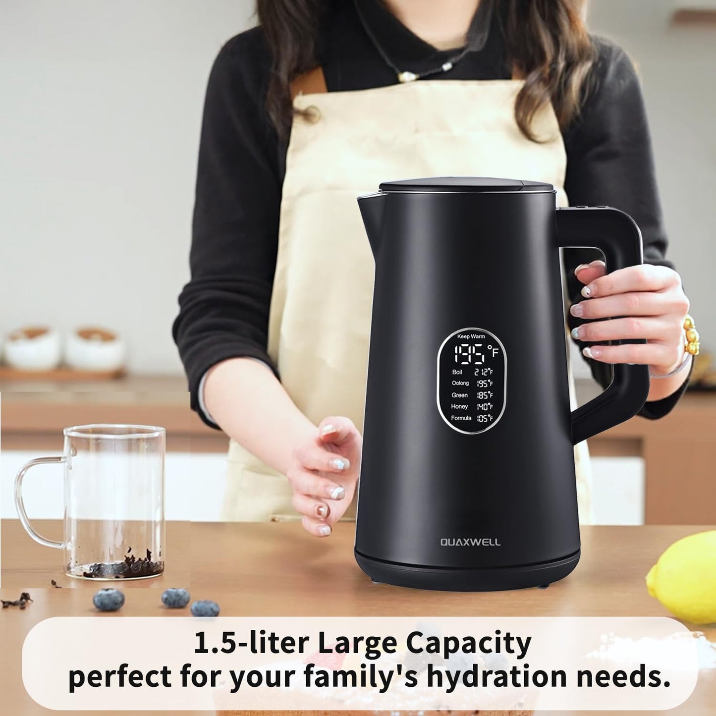QUAXWELL 1.5L Electric Kettle Stainless Steel, Double Wall Cool Touch Teapot, Fast Boil,5 Temperature Control, LED Display, Auto Shut-Off, BPA-Free,Keep Warm Function, Ideal for Tea & Coffee,Black