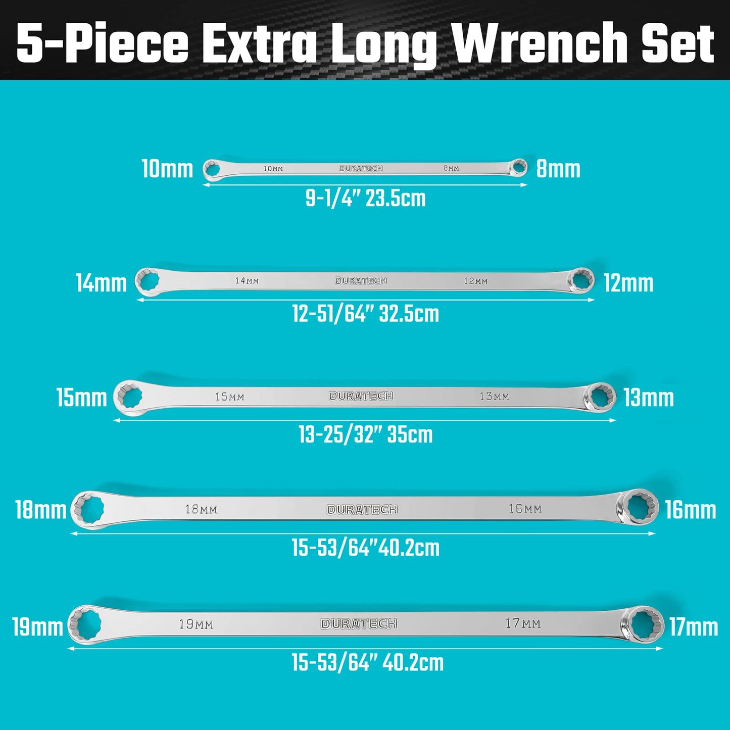 DURATECH 5-Piece Extra Long Wrench Set, Double Box End Wrench Set, 0 Degree Offset, Metric, CR-V Steel, 8mm, 10mm, 12mm, 13mm, 14mm, 15mm, 16mm, 17mm, 18mm, 19mm, Organized in Rolling Pouch
