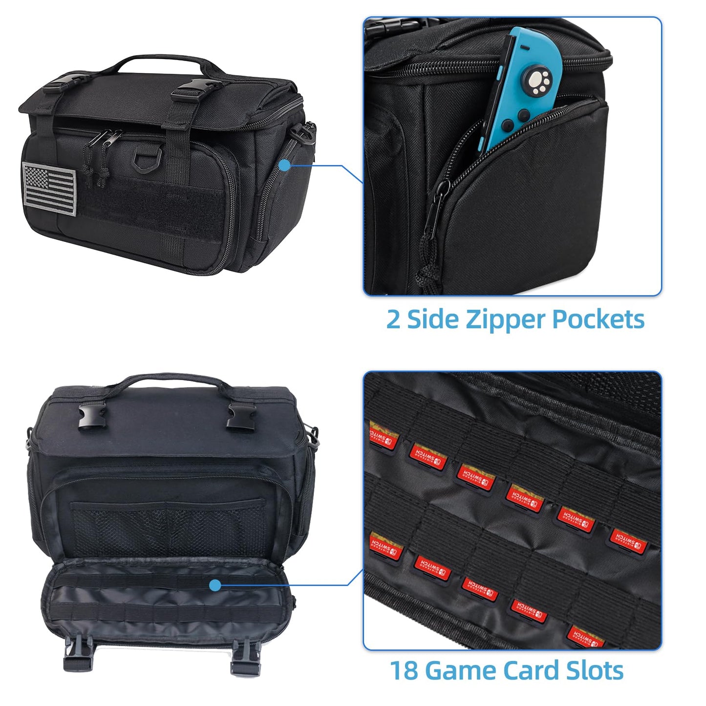 ALSLEA Tactical Travel Gaming Bag Compatible with Nintendo Switch Carrying Case for Steam Deck, for PlayStation Portal Case, Handheld Console Storage Bag with Flag Patch &18 Game Cards Slot (Black)