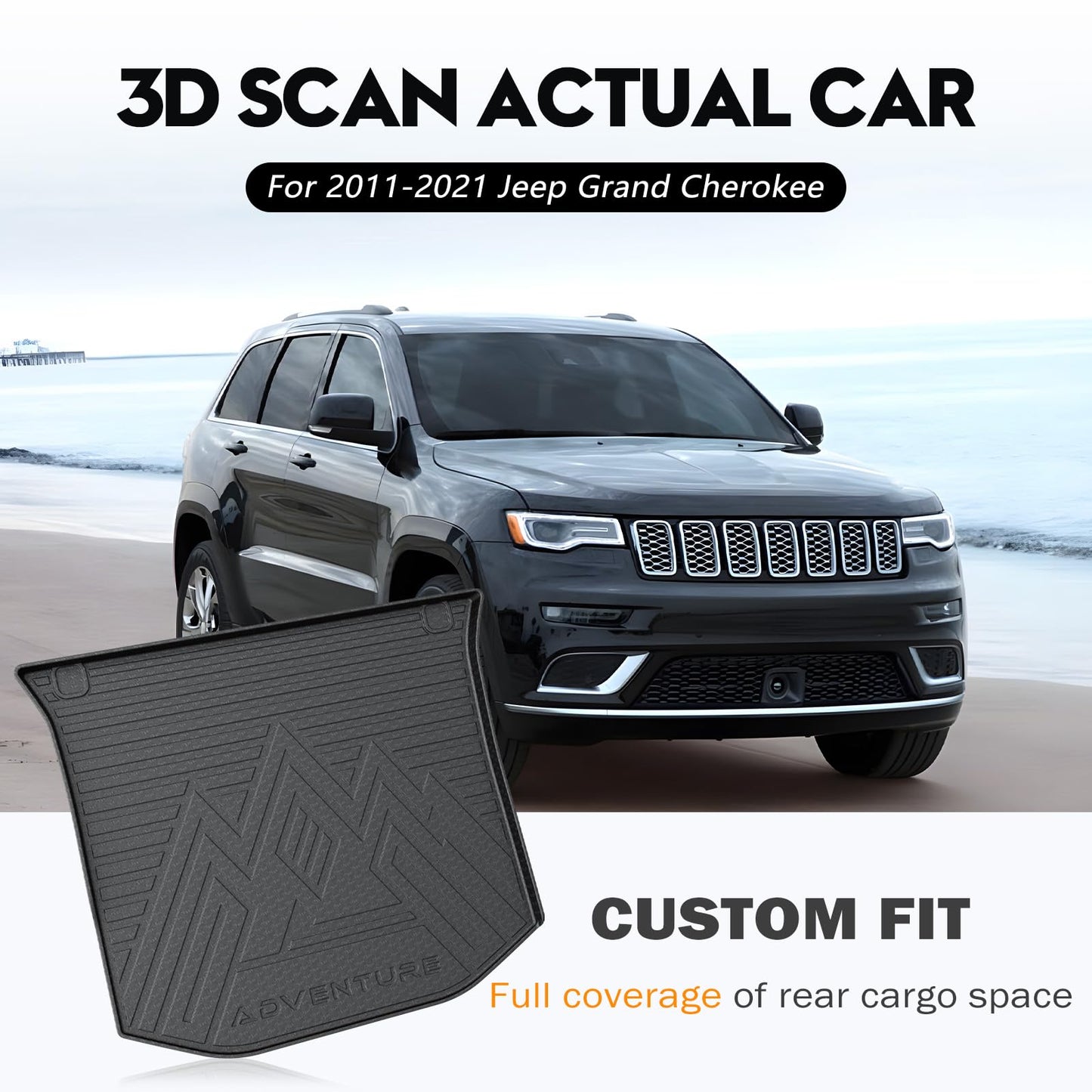 KUST Trunk Cargo Mat for Jeep Grand Cherokee 2011-2021, TPE Rubber Trunk Liner with Backrest Mat for Grand Cherokee Accessories All Weather Back Seat Protector Rear Cargo Liner Raised Edge