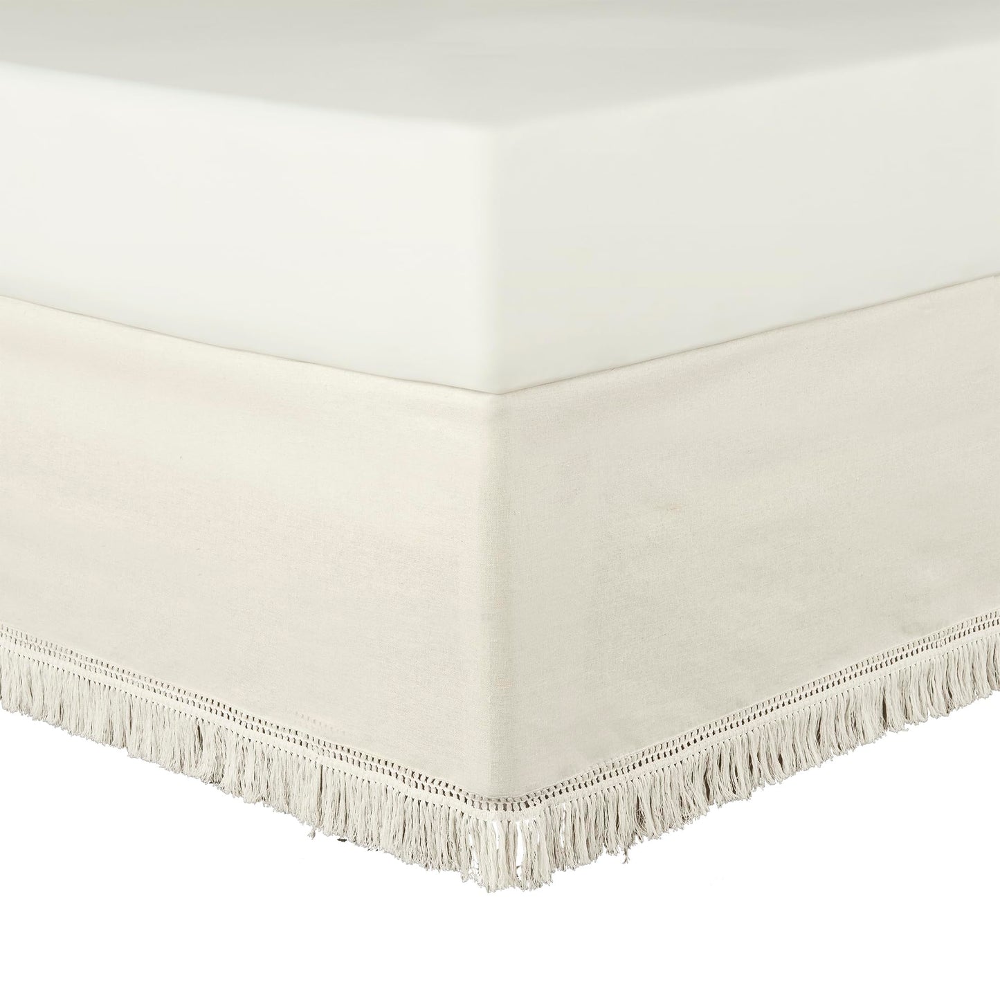 Lush Decor Boho Fringe 15-Inch Tailored Drop Easy Fit Bed Skirt King Size Single 78" W x 80" L +15" White - King Bed Skirt - Wrap Around Bed Skirt