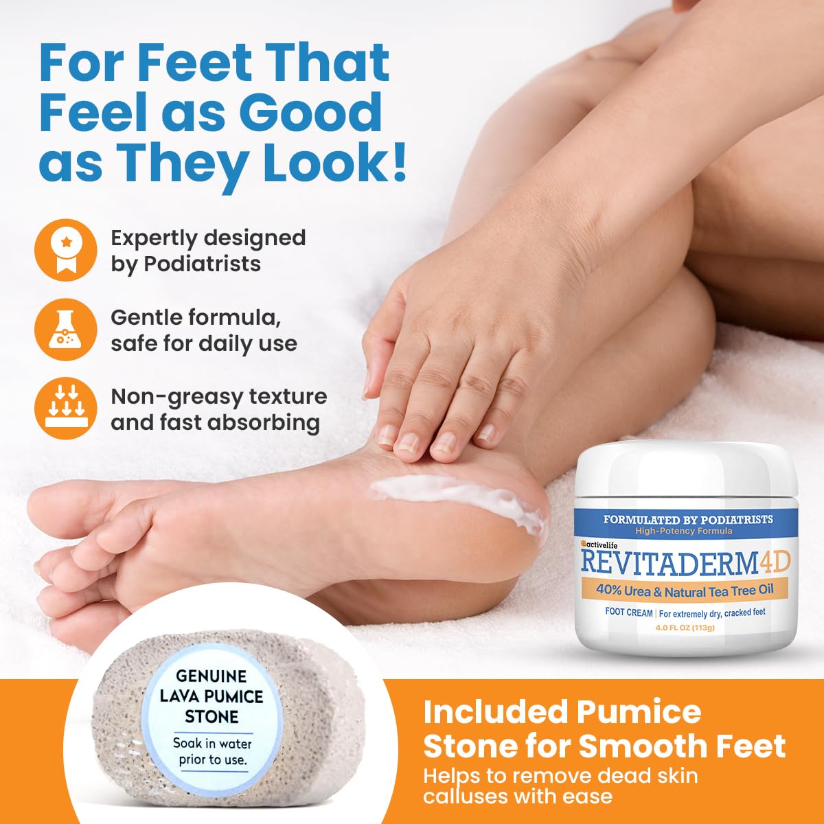 activelife - Revitaderm 4D Urea Cream 40 Percent for Feet Maximum Strength, for Dry Hands, Elbows and Knees, Callus Remover for Feet, Free Pumice Stone, 4oz, 1 Pack
