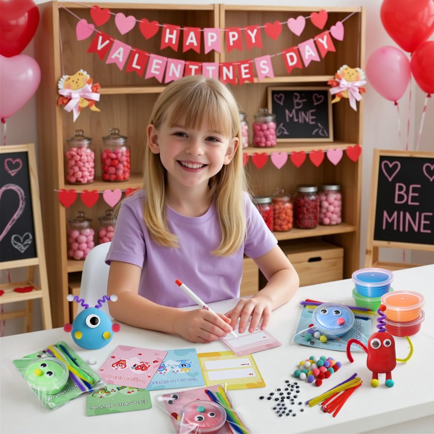 NAXYAN 24 Packs Valentines Day Cards for Kids School with DIY Air Dry Clay Kits Valentines Day Gifts for Kids Classroom Valentine Class Exchange Presents Party Favors (24 Packs for Valentines)