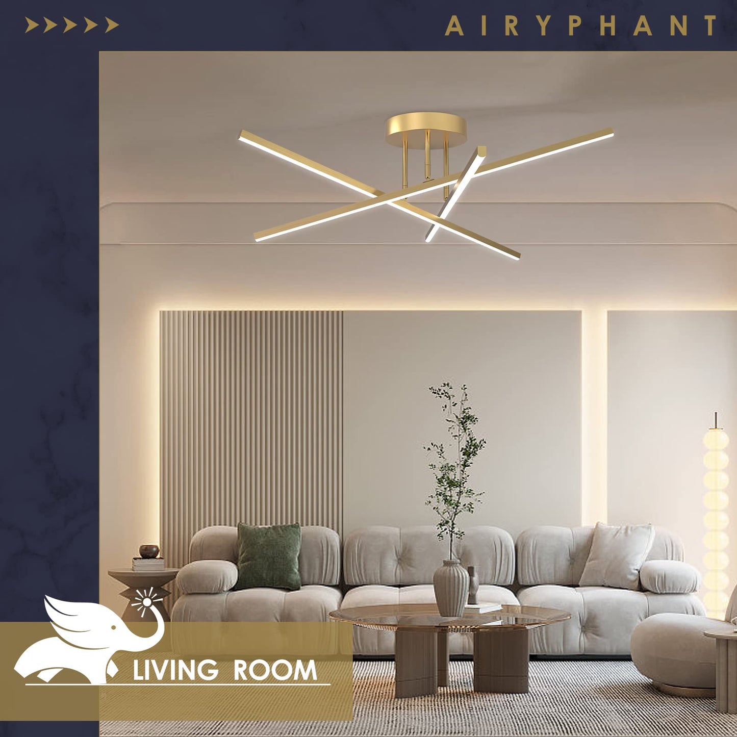 AIRYPHANT Gold LED Chandelier, 3-Lights Modern Semi Flush Mount Ceiling Lighting Fixture for Kitchen Dining Room Foyer Entry Bedroom, 23.82” 18W
