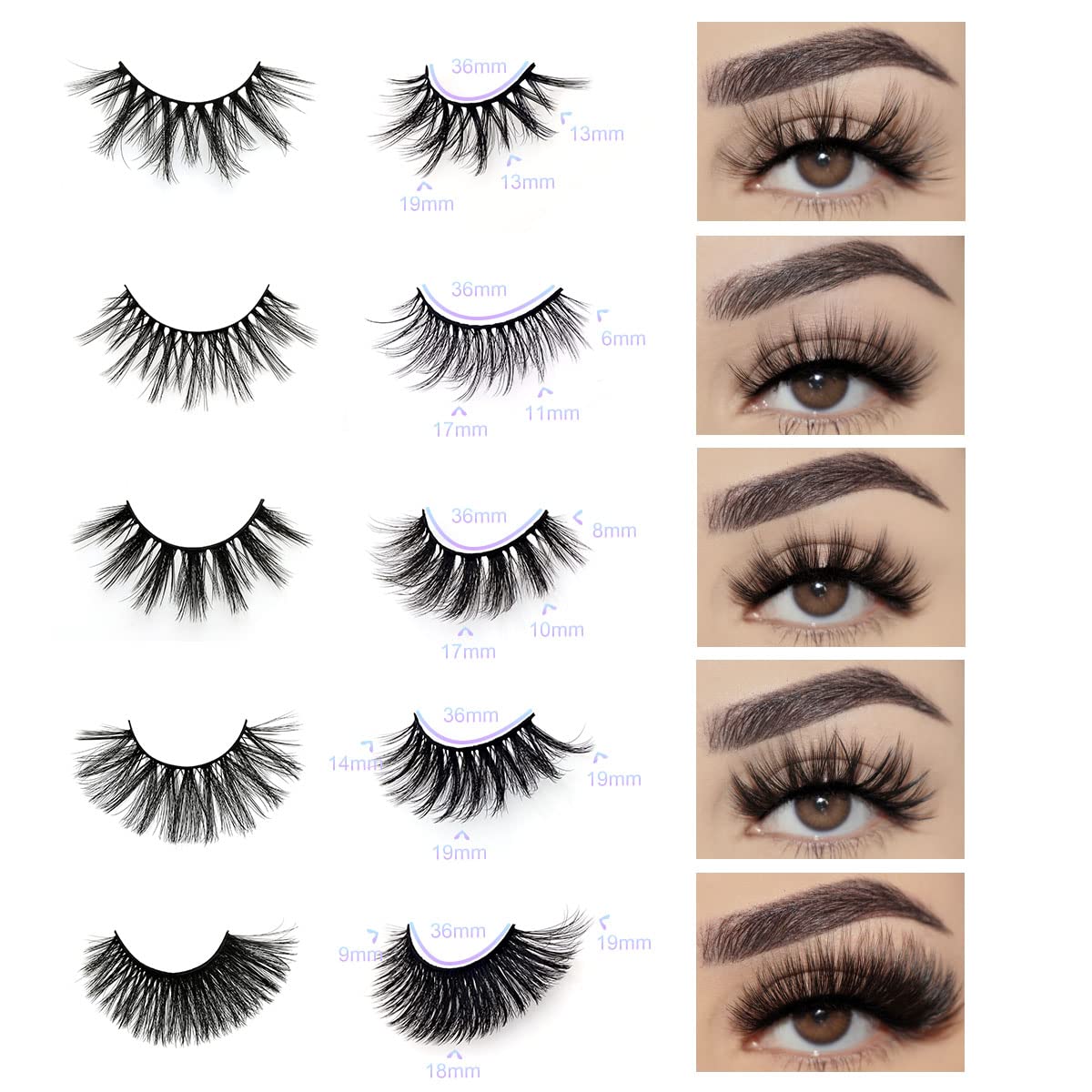 Wholesale Mixed Lashes Pack 3D Faux Mink Eyelashes 5 Style 100 Pairs Fluffy Volume Natural Charming Look Medium Length Eyelashes Cotton Band Handmade Reusable Soft False Eyelashes (5 styles-100 pairs)