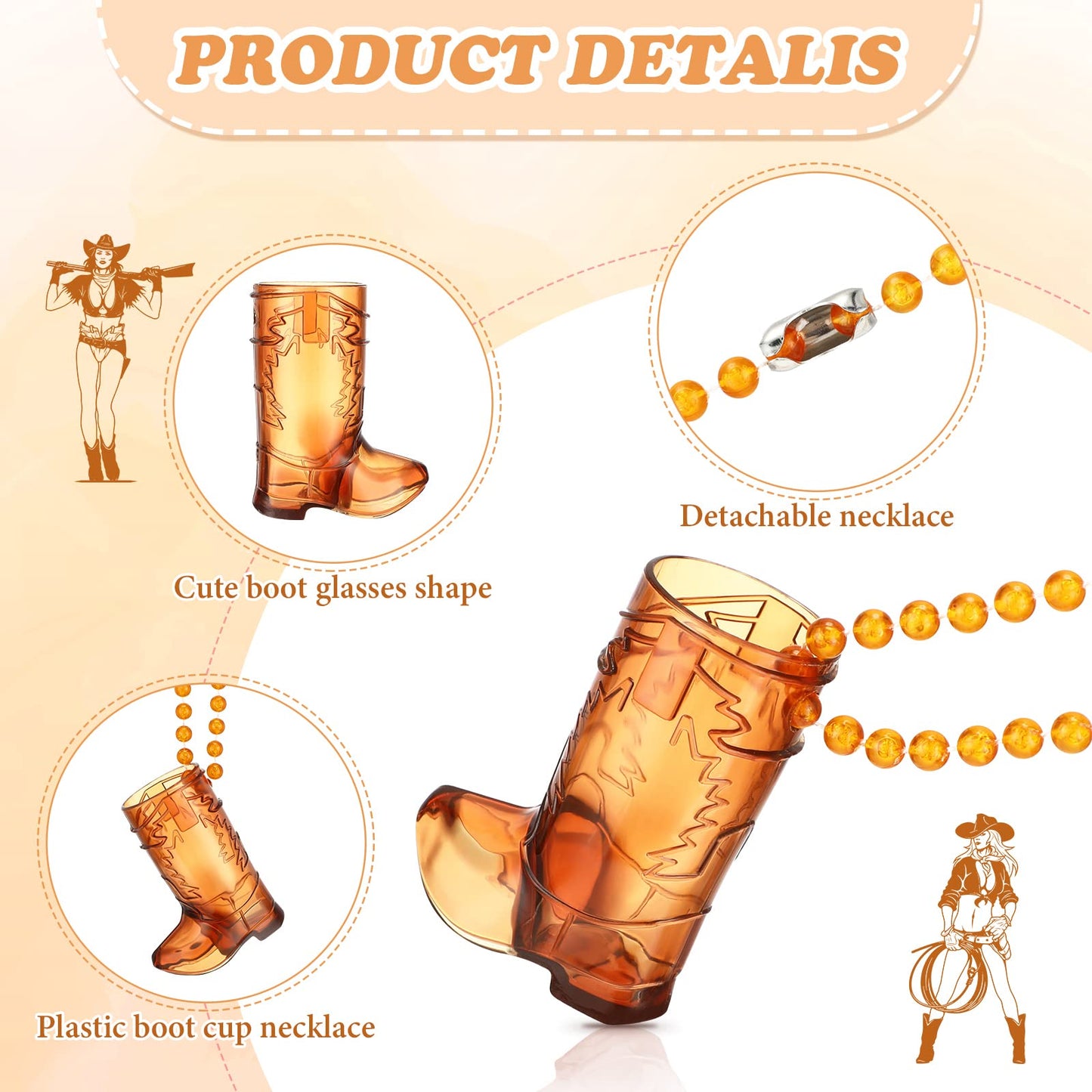 Sieral 48 Pcs Boot Shot Glasses on Beaded Necklace Plastic Cowgirl Shot Glass Cup Necklace Bride and Groom Supply for Bachelorette Carnival Party Birthday Wedding Supply (Transparent Brown)