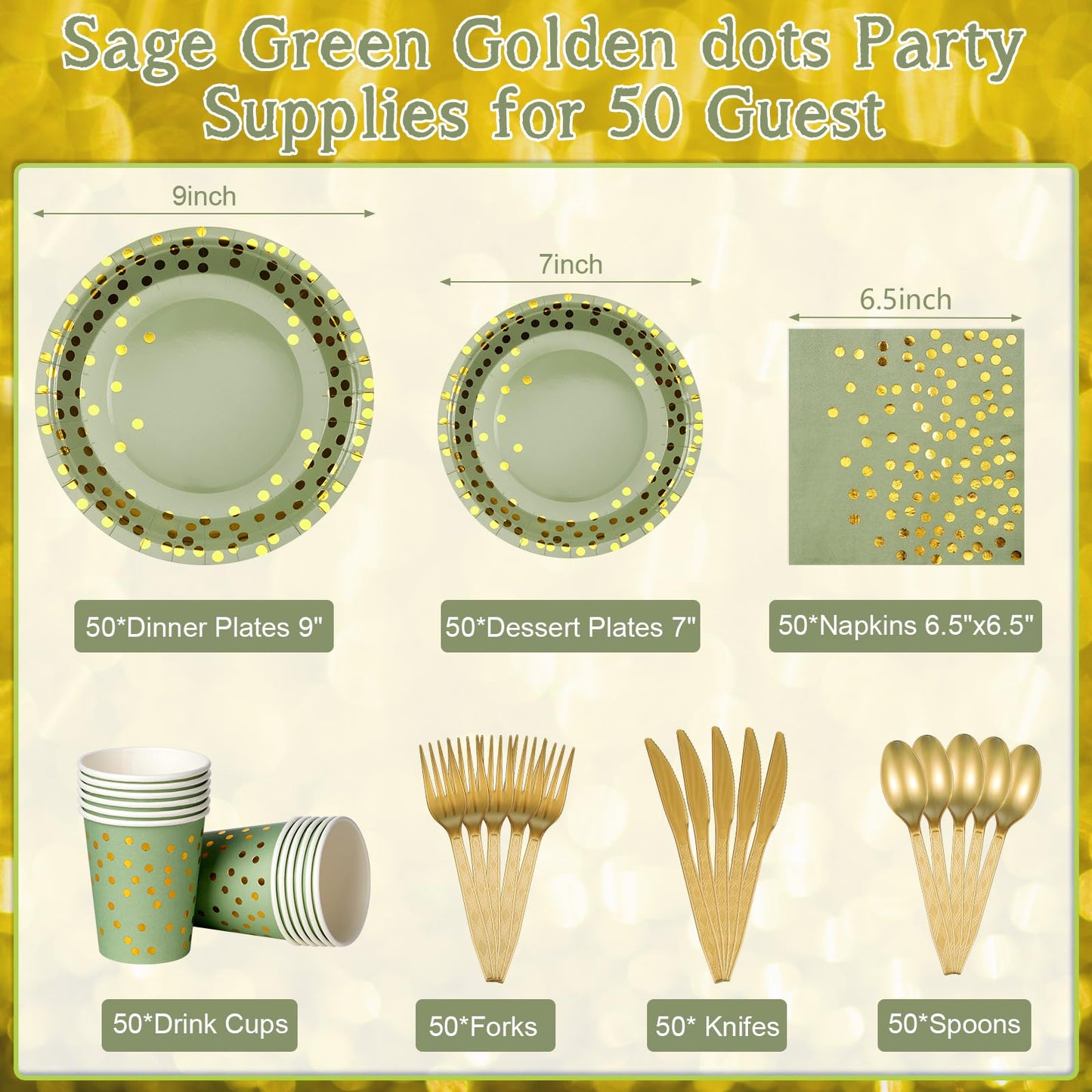 YIDAKO 350pcs Sage Green Paper Plates and Napkins Set, Disposable Sage Green and Gold Polka Dot Party Plates Cups For Baby Shower Birthday Wedding Party Supplies and Decorations, Serve 50