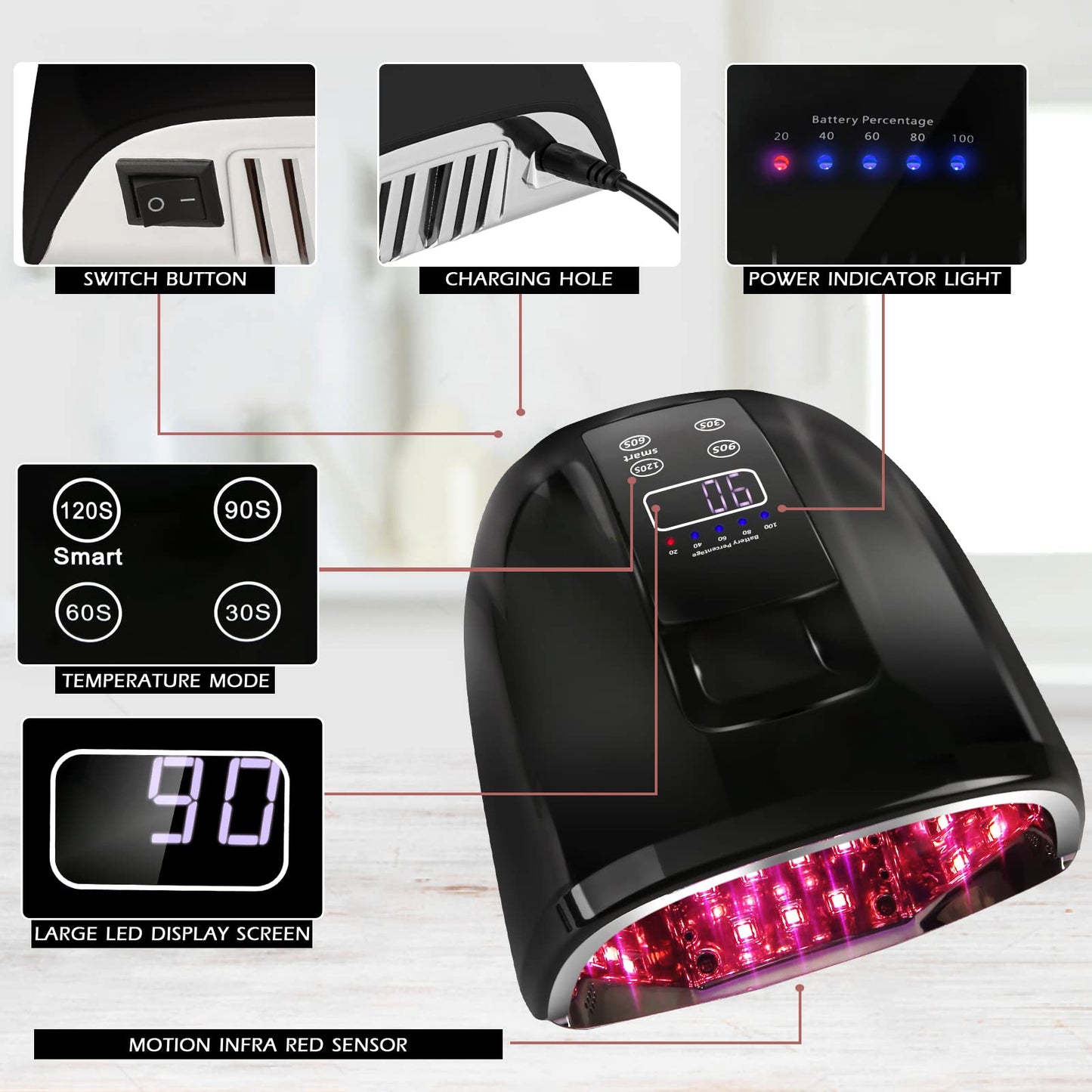 90W Professional Wireless Cordless Rechargeable UV LED Nail Lamp,Nail Lamp Gel Nail Curing Dryer Light for Nails with 45 Beads,4 Timer Setting LCD Display Nail Polish Machine (Black)