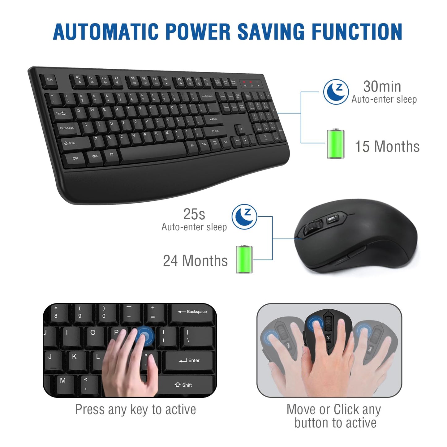 Wireless Keyboard and Mouse Combo, EDJO 2.4G Full-Sized Ergonomic Computer Keyboard with Wrist Rest and 3 Level DPI Adjustable Wireless Mouse for Windows, Mac OS Desktop/Laptop/PC (Black)
