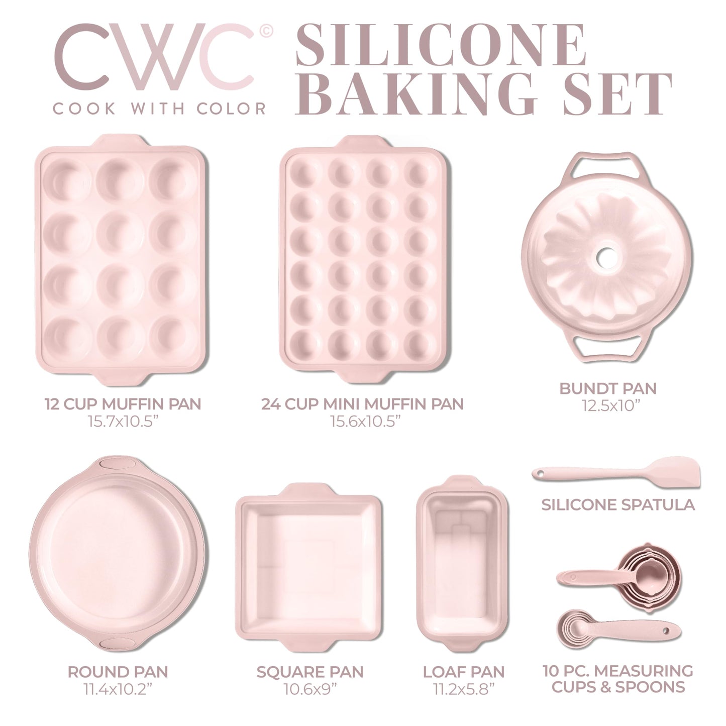 COOK WITH COLOR 17 Pc. Silicone Baking Pan Set - Non-Stick & Easy Clean Silicone Muffin Pans for Baking with Sturdy Metal Frame for Stability, Flexible Cake Molds, Includes Measuring Cups and Spoons