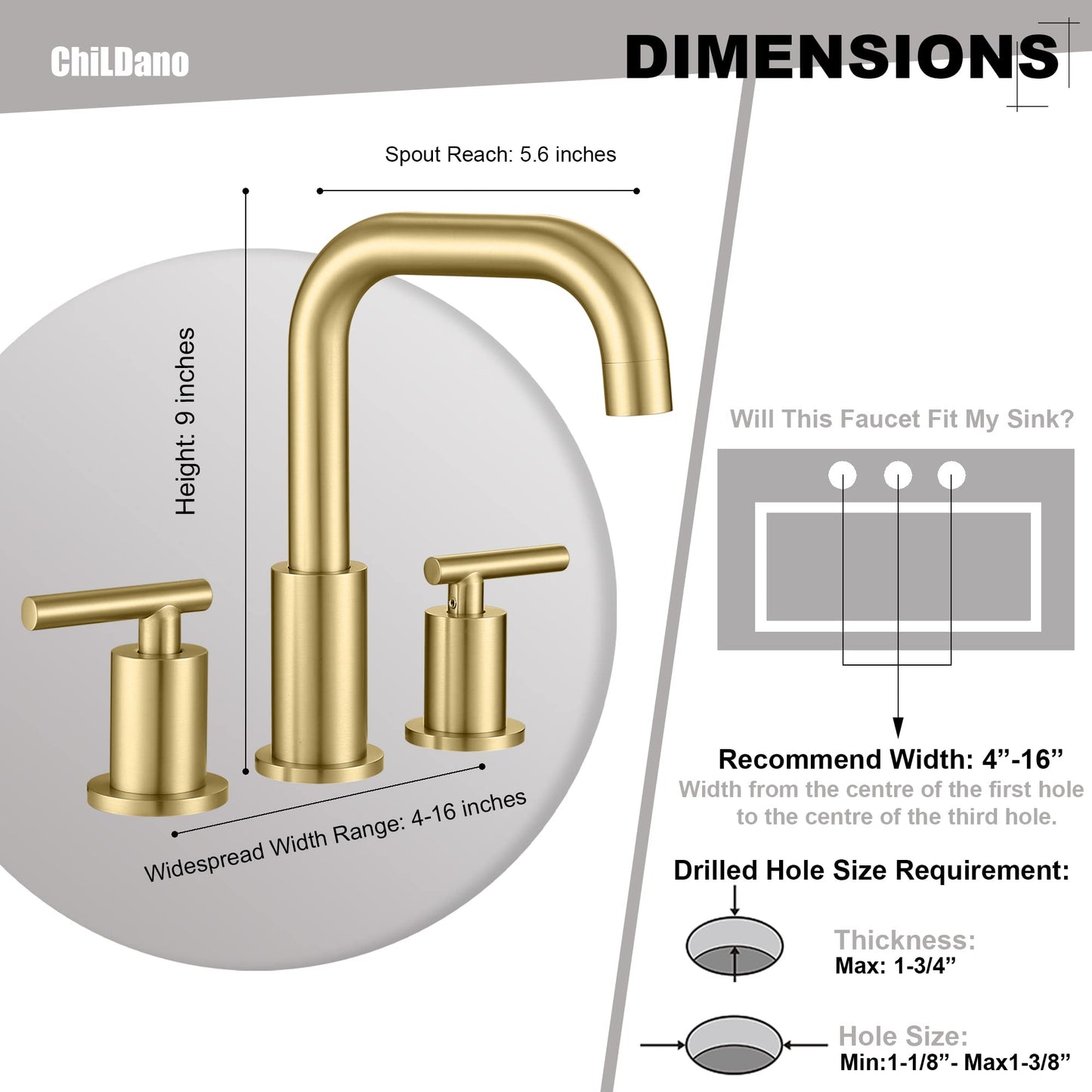 8 inch Widespread Bathroom Faucet with Drain and Supply Hose, 2 Handles Brushed Gold Bathroom Faucet for Sink 3 Hole, ChiLDano Bathroom Faucet Gold CH3166BG
