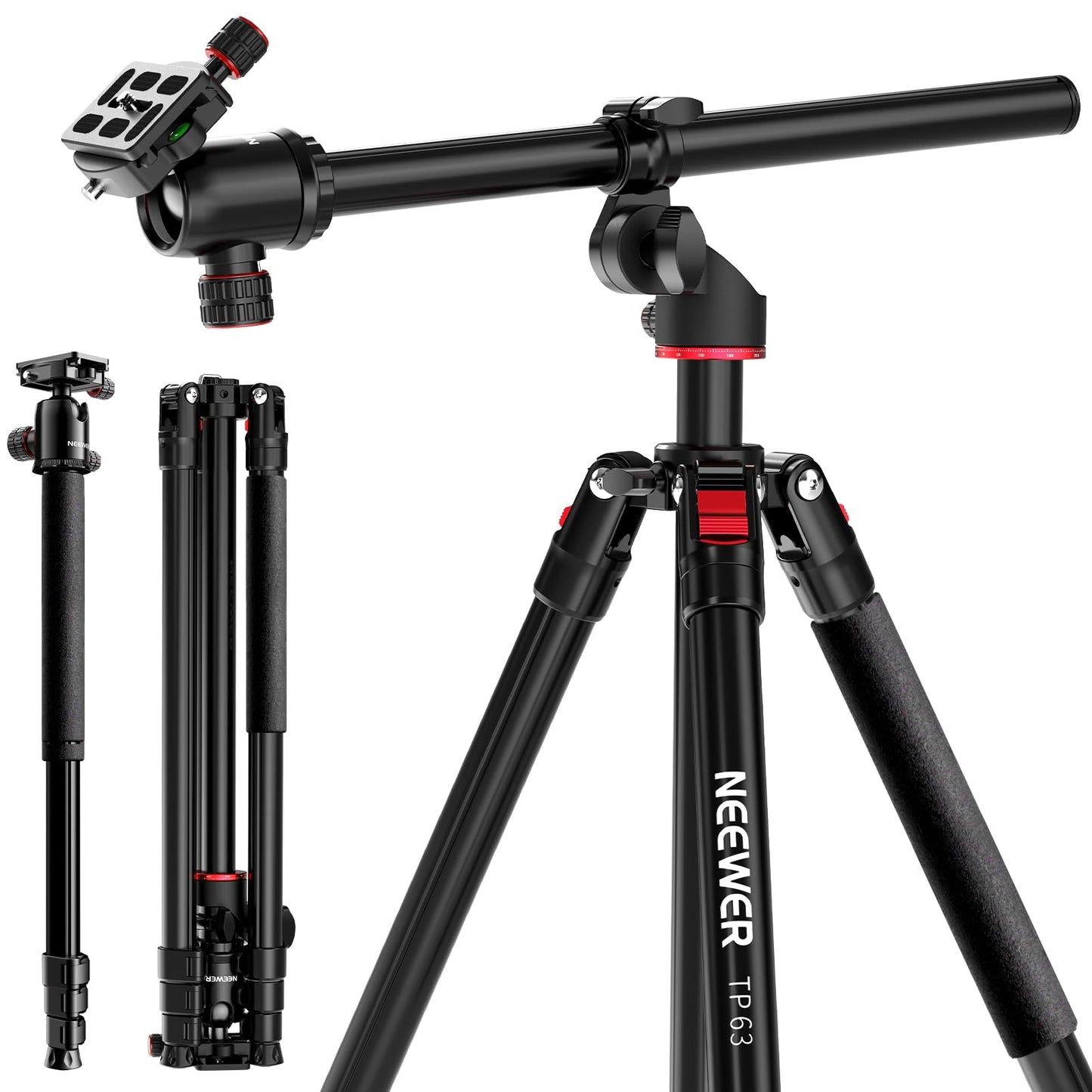 NEEWER 90 Inch Tall Overhead Horizontal Camera Tripod Monopod with Ball Head & Flexible Center Column, Metal DSLR Video Travel Stand, Arca Type QR Plate & Inverted Legs, Max Load 10 kg / 22 lbs, TP63