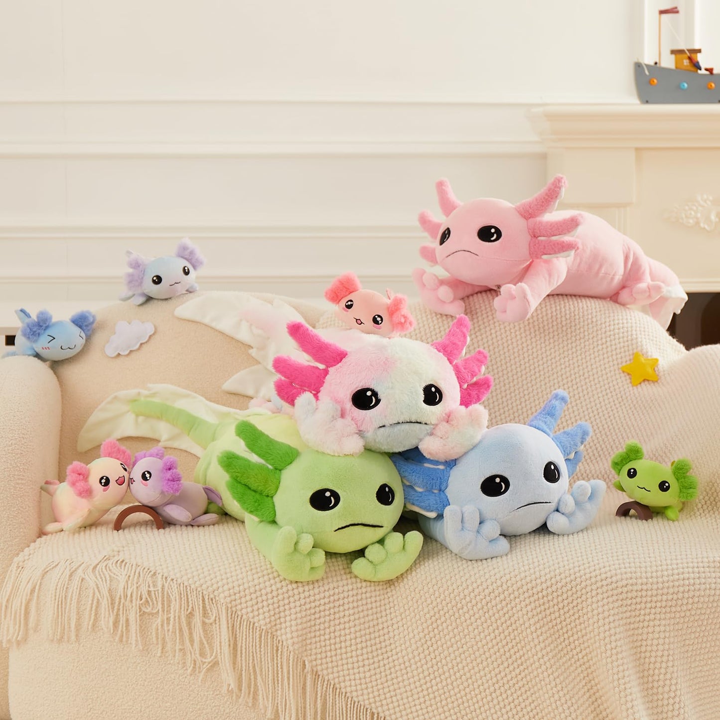 Tezituor Giant Axolotl Stuffed Animal with 4 Babies,31.5" Luminous Axolotl Plush Pillow Toy Realistic Soft Axolotl Plushies Birthday Gifts for Boys Girls