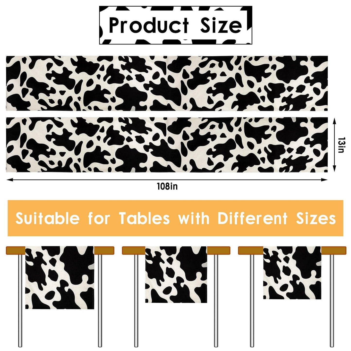 Kingdder 8 Pcs Linen Cow Print Table Runner Farm Black and White Cowhide Tablecloth Cow Print Table Cloths for Parties Kitchen Western Barnyard Cowboy Birthday Home Decorations (13 x 108 in)
