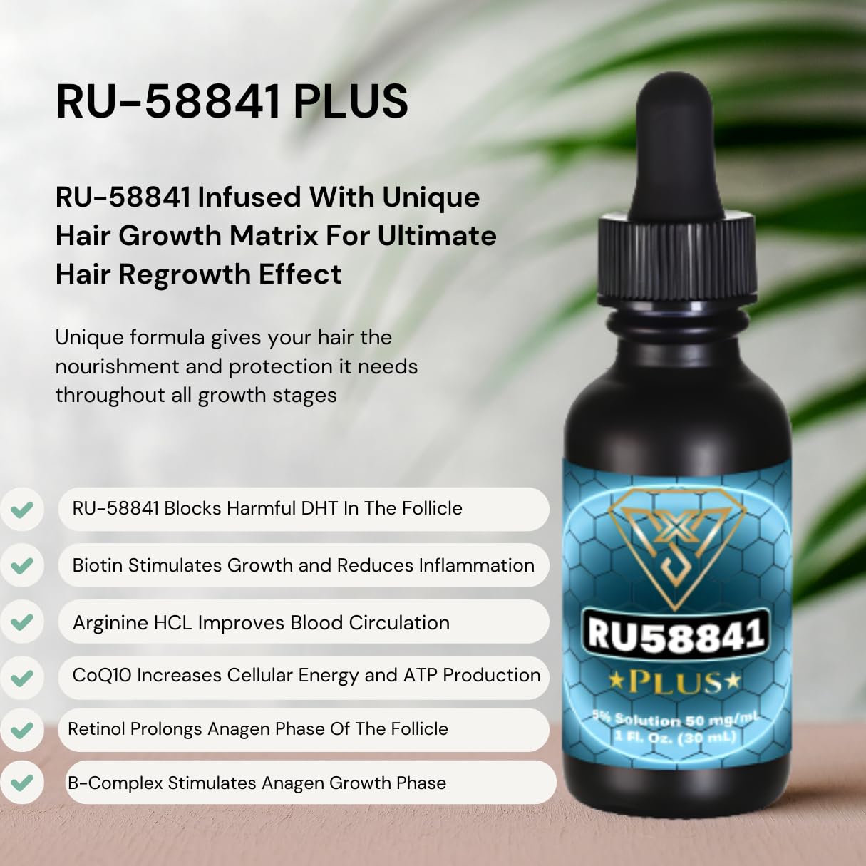 Vantanex RU58841 Plus 5% with Biotin, B-Complex, CoQ10 Hair Serum 30mL