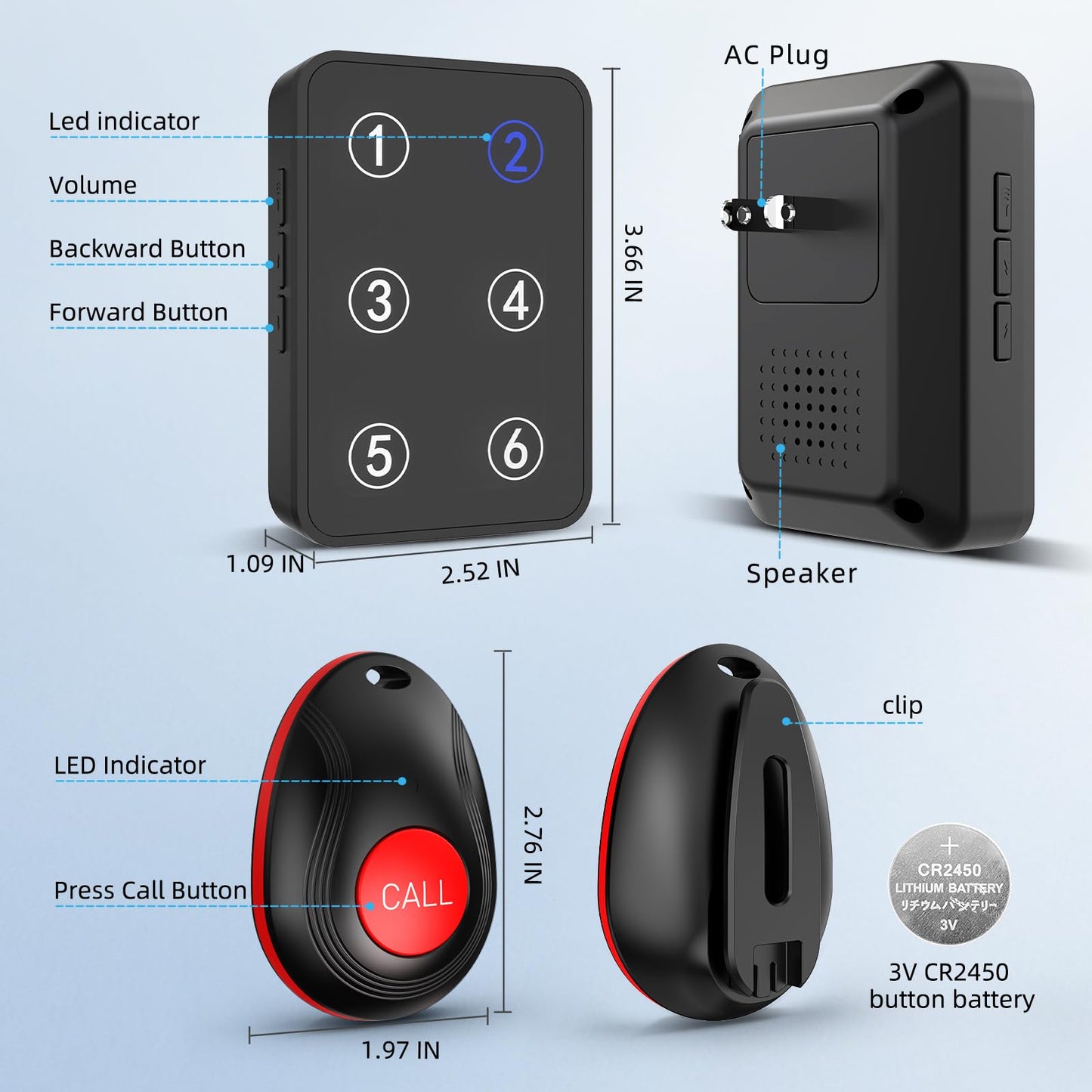 CallToU Wireless Call Button Caregiver Pager Nurse Call System for Elderly/Patients at Home/Hospital with Voice Announcements and LED Number Display (6 Waterproof Call Button & 2 Receiver)