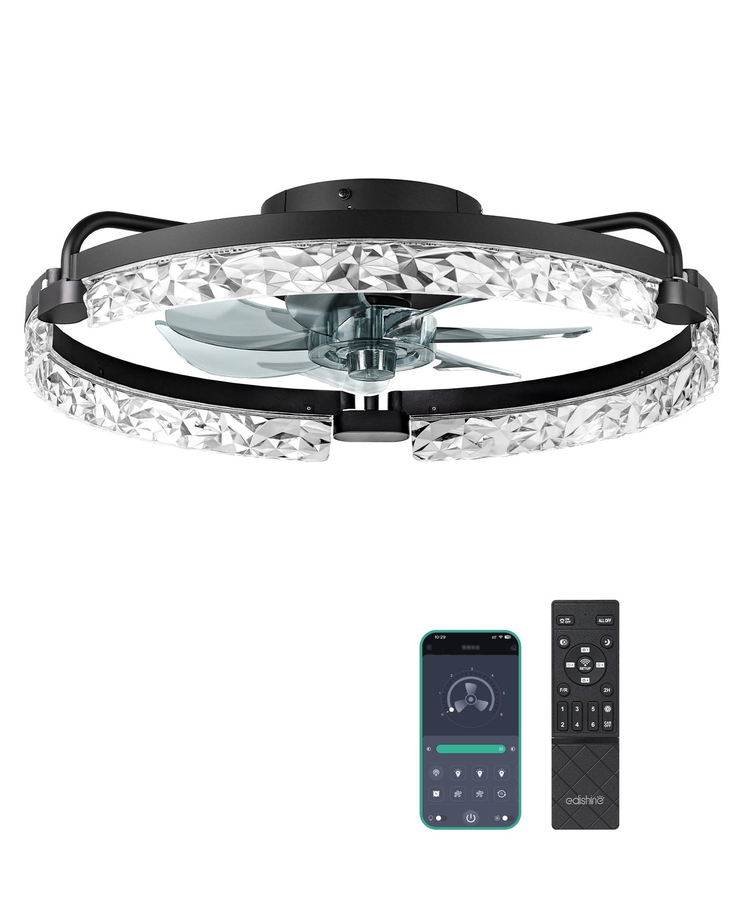 EDISHINE Ceiling Fans with Lights and Remote, 20'' Low Profile Ceiling Fan, 3000-6000K Dimmable, 6 Speeds LED Modern Flush Mount Fan Light, DC Motor, APP Control, Black Fandelier for Bedroom, Kitchen