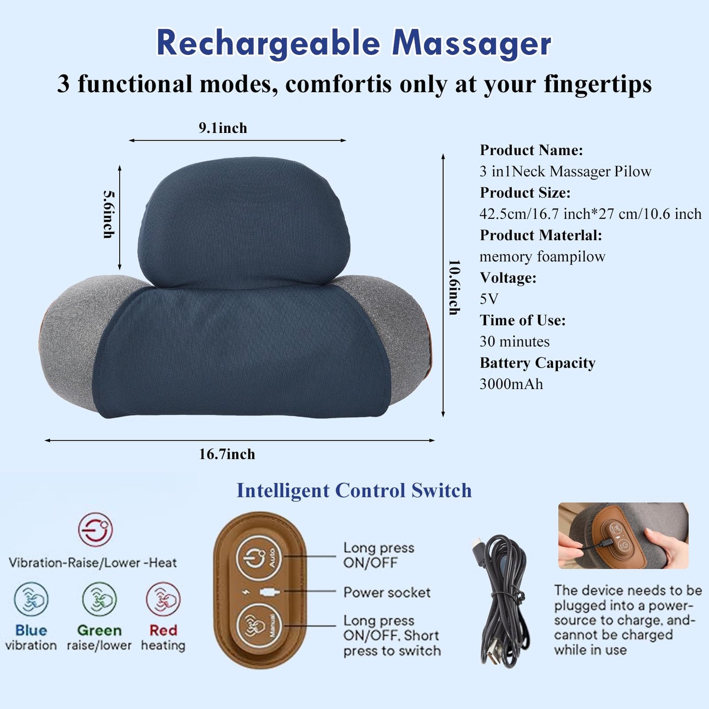Huieo 3 in 1 Heated Neck Massage Pillows with Heat for Pain Relief Deep Tissue, Cervical Neck Hump Corrector, Plug-in Pillow Supports