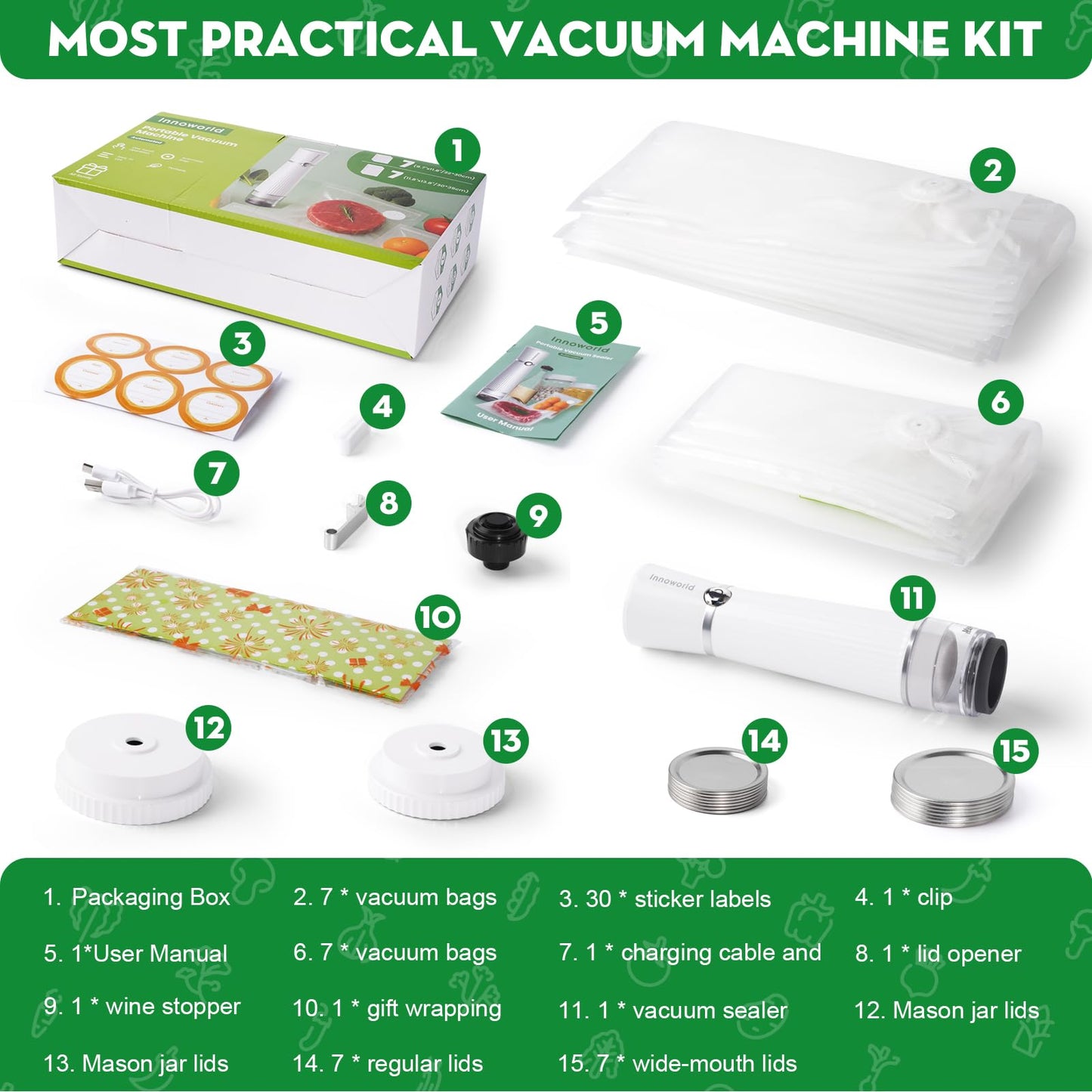 Innoworld 3-in-1 Vacuum Sealer for Food Compatible with Vacuum Bag, Mason Jar, Wine Bottle, Handheld Saver Compact Vacuum Sealer Machine
