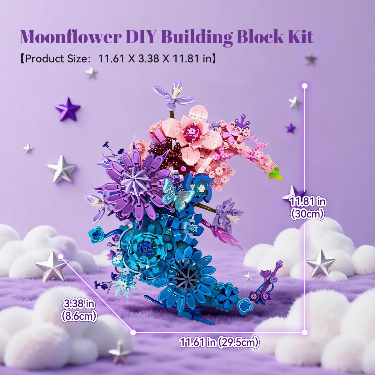 Moon Eternal Flower Decoration Building Set for Adults, 977 Pcs Micro-Particle Crescent-Shaped Artificial Flowers Building Blocks with Built-in Wall-Mounting Holes for Easy Wall Display (JJ9163)
