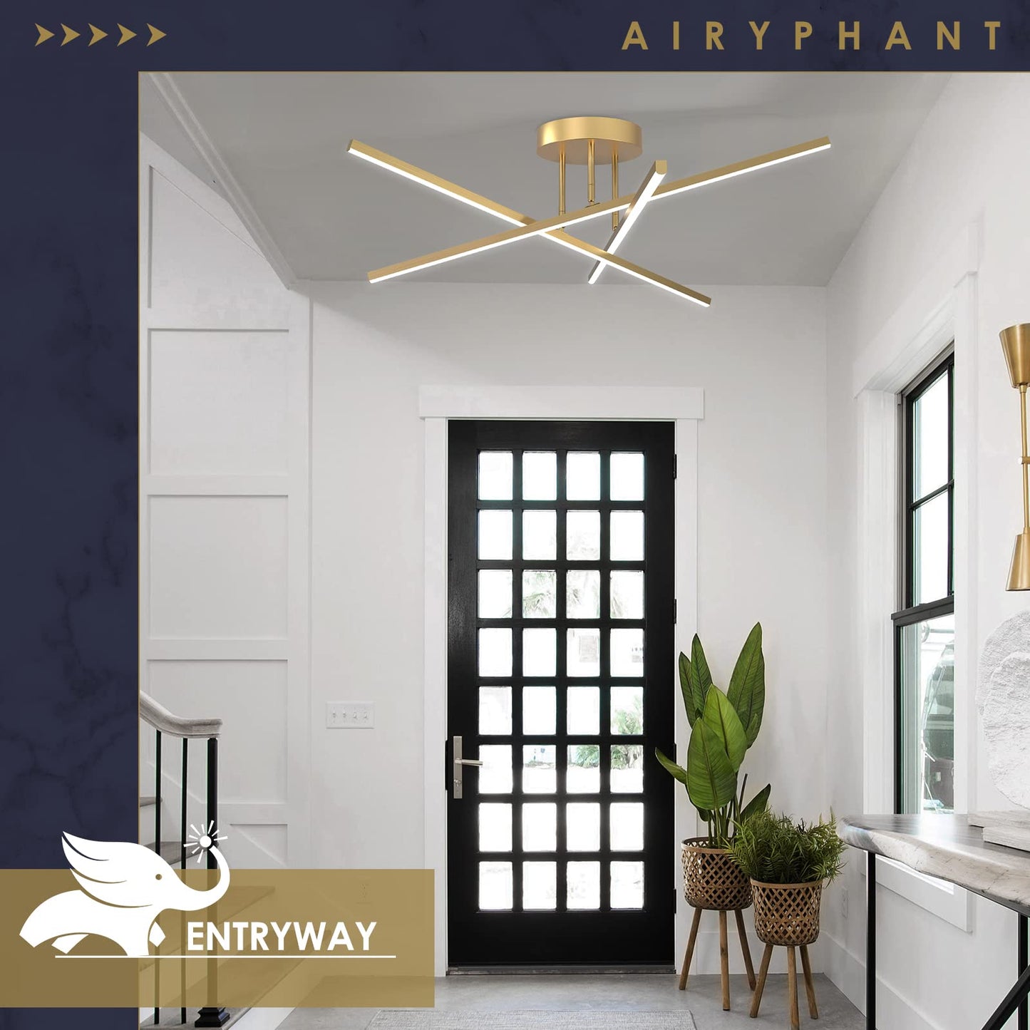 AIRYPHANT Gold LED Chandelier, 3-Lights Modern Semi Flush Mount Ceiling Lighting Fixture for Kitchen Dining Room Foyer Entry Bedroom, 23.82” 18W