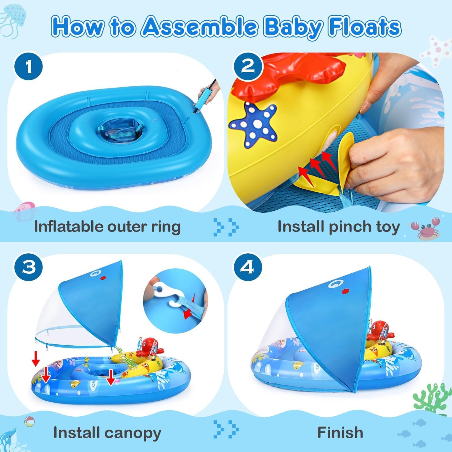 EZIGO Baby Pool Float with Canopy UPF50+ Sun Protection, Inflatable Kids Pool Float with Ocean Animal Toys for Babies 6-36 Months, Infant Swimming Float with Adjustable Safety Seat for Boys Girls