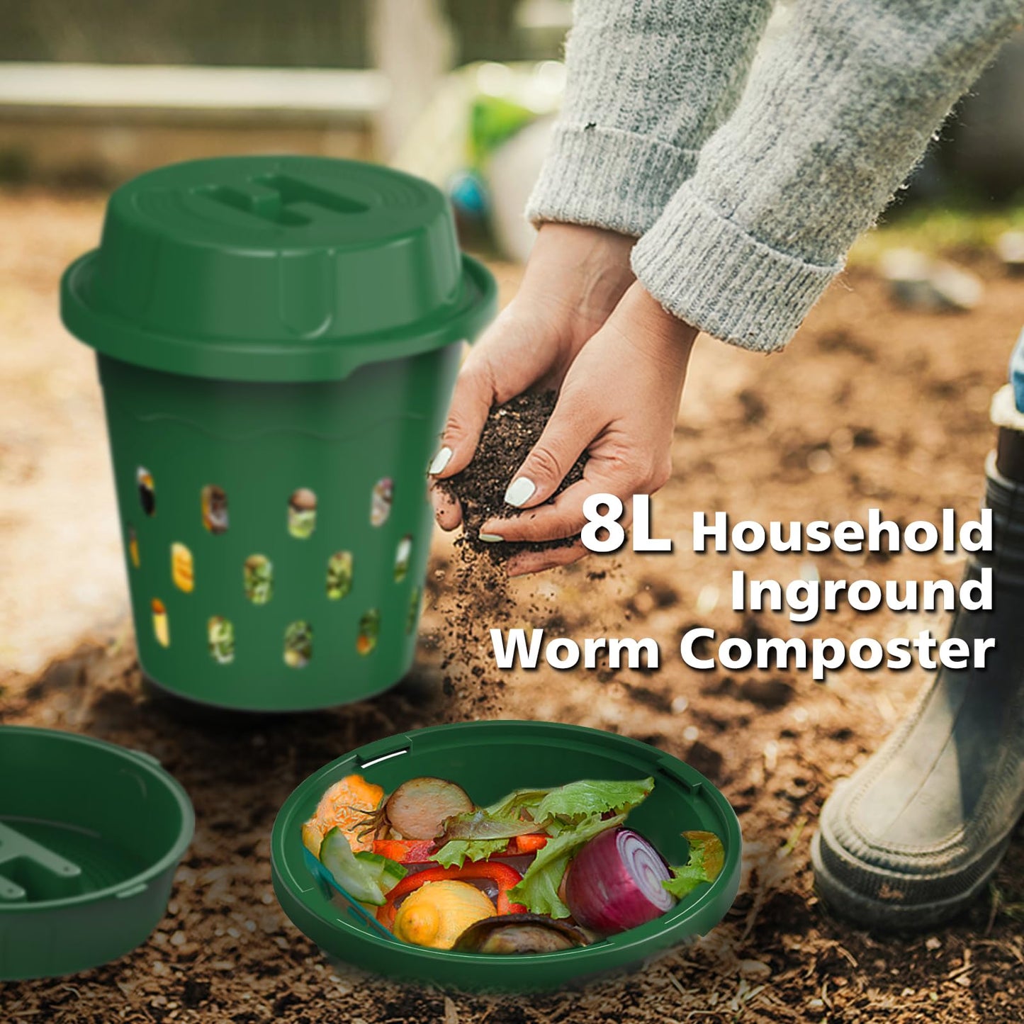 TOP XIAN 4-Pack Inground Worm Composter, Outdoor Worm Compost Bin for Garden Beds & Home Use, Vermicomposting Bin for Beginners (9.5x9.5x10.8Inch), Green