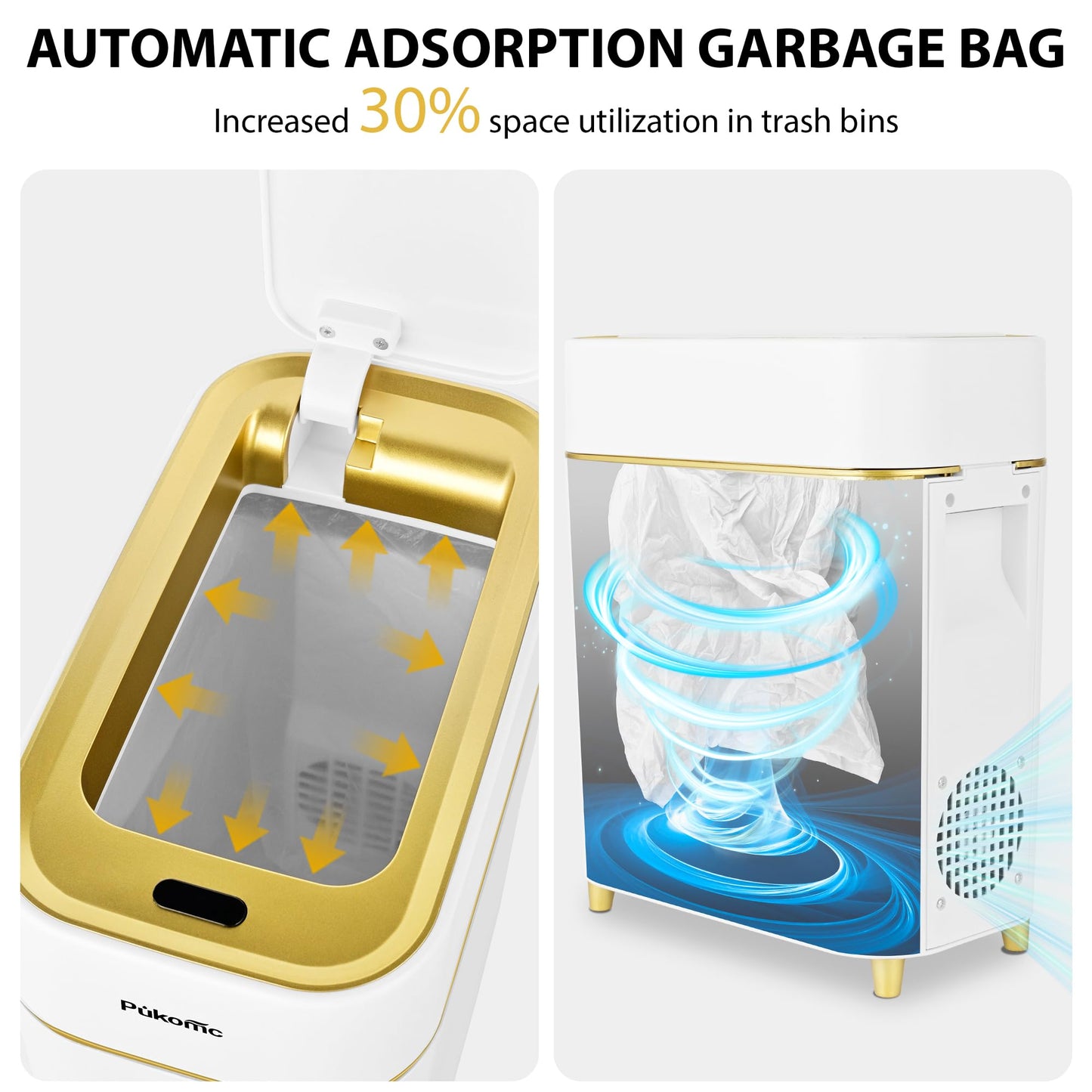 Pukomc 2.3 Gallon / 9L Automatic Adsorption Sensor Trash Can, White Gold Motion Sensor Garbage Bin with Vacuum Suction, Slim Fashionable Design for Kitchen, Bathroom, Office & Small Space