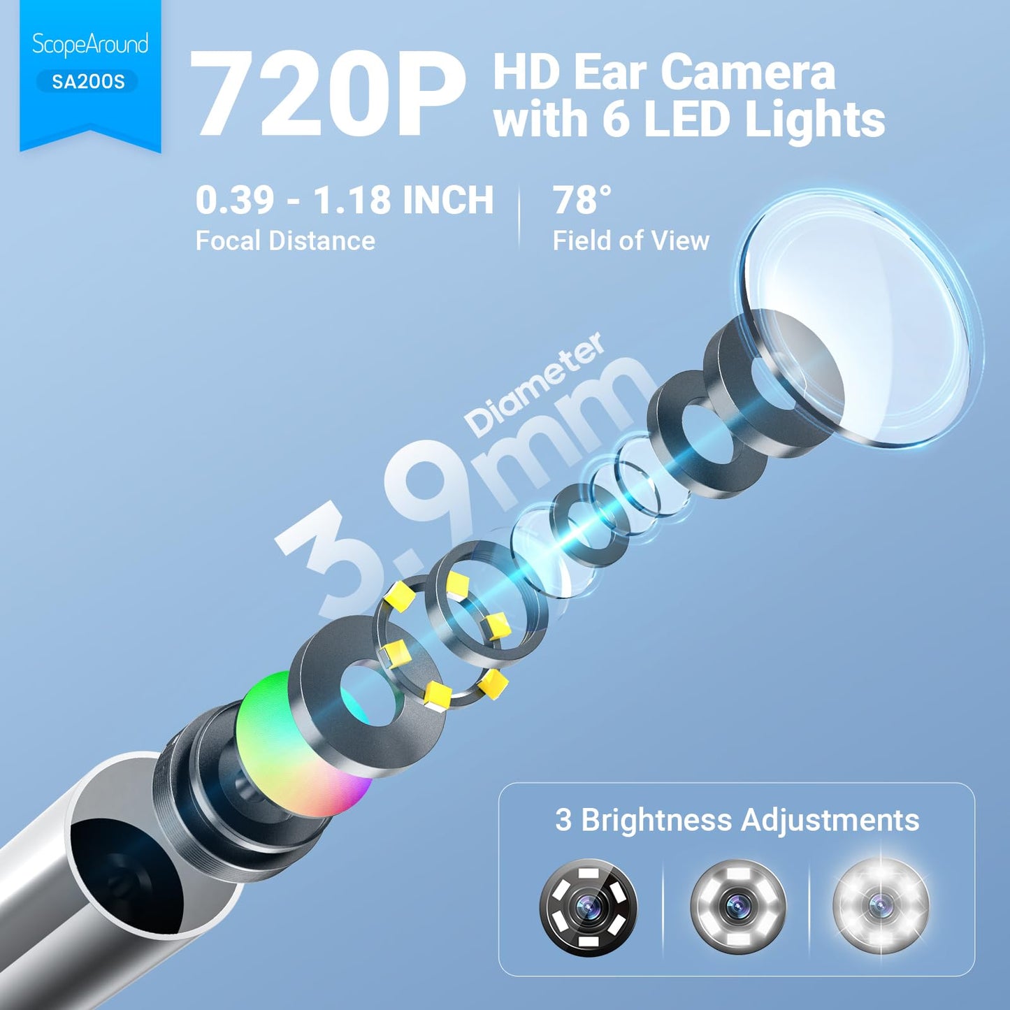 ScopeAround Otoscope with Light, Digital Otoscope w/1.85in IPS Screen, 720p HD Ear Wax Removal Tool Camera, Video Otoscope Ear Camera with 6 LED Lights, Compatible with Android/iPhone