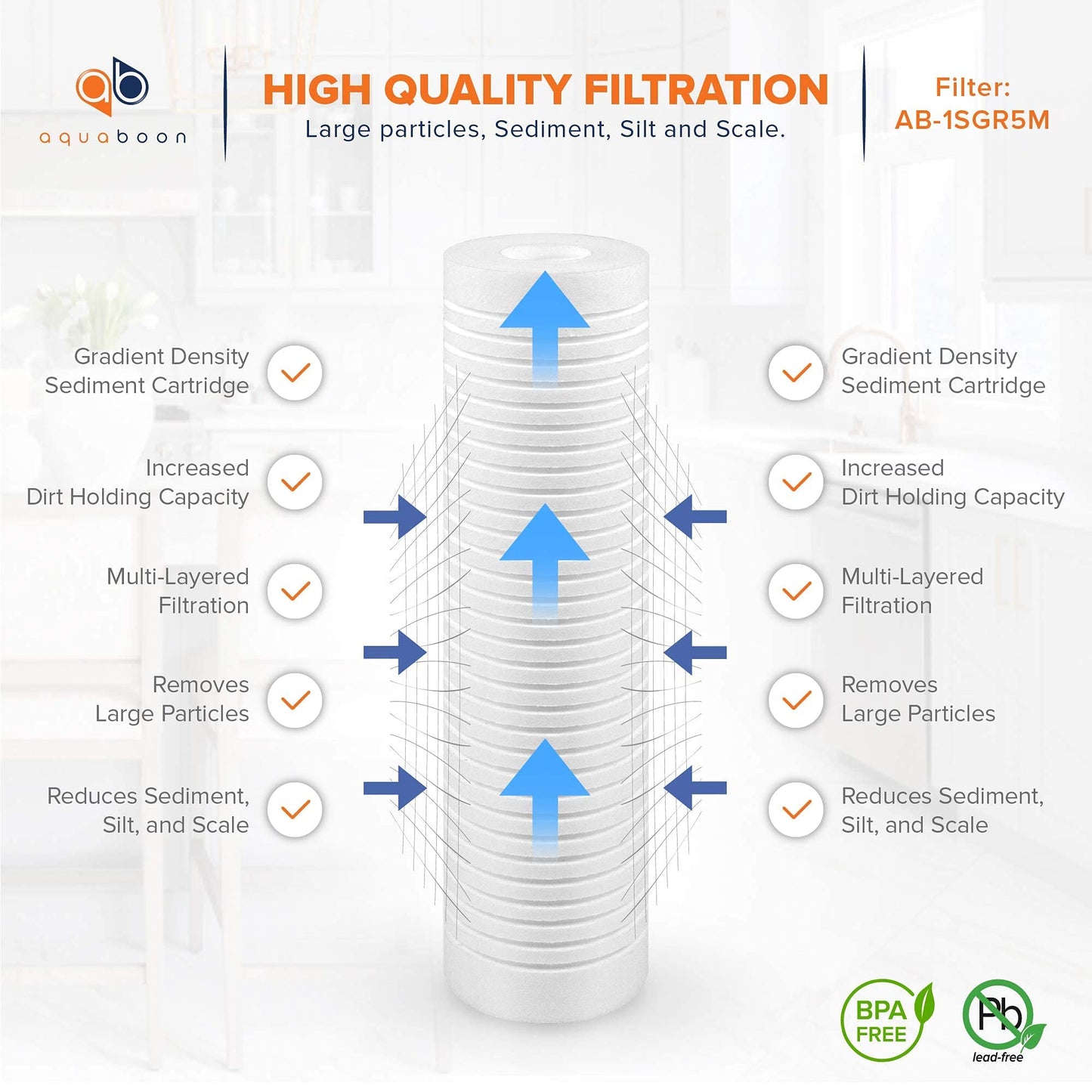 Aquaboon 5 Micron 10 x 2.5 Grooved Sediment Water Filter Replacement for Whole House Filter Cartridge Compatible with AP110, WHKF-GD05, CFS110, 25-Pack