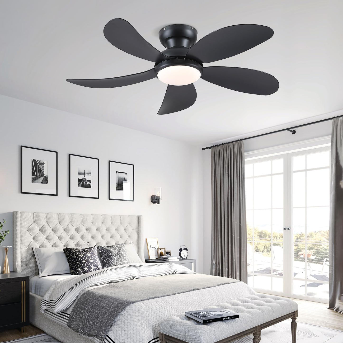 PHORUS 42" Black Low Profile Ceiling Fans with Lights and Remote,Small Flush Mount Ceiling Fans with Quiet Reversible DC Motor, Dimmable 3 CCT