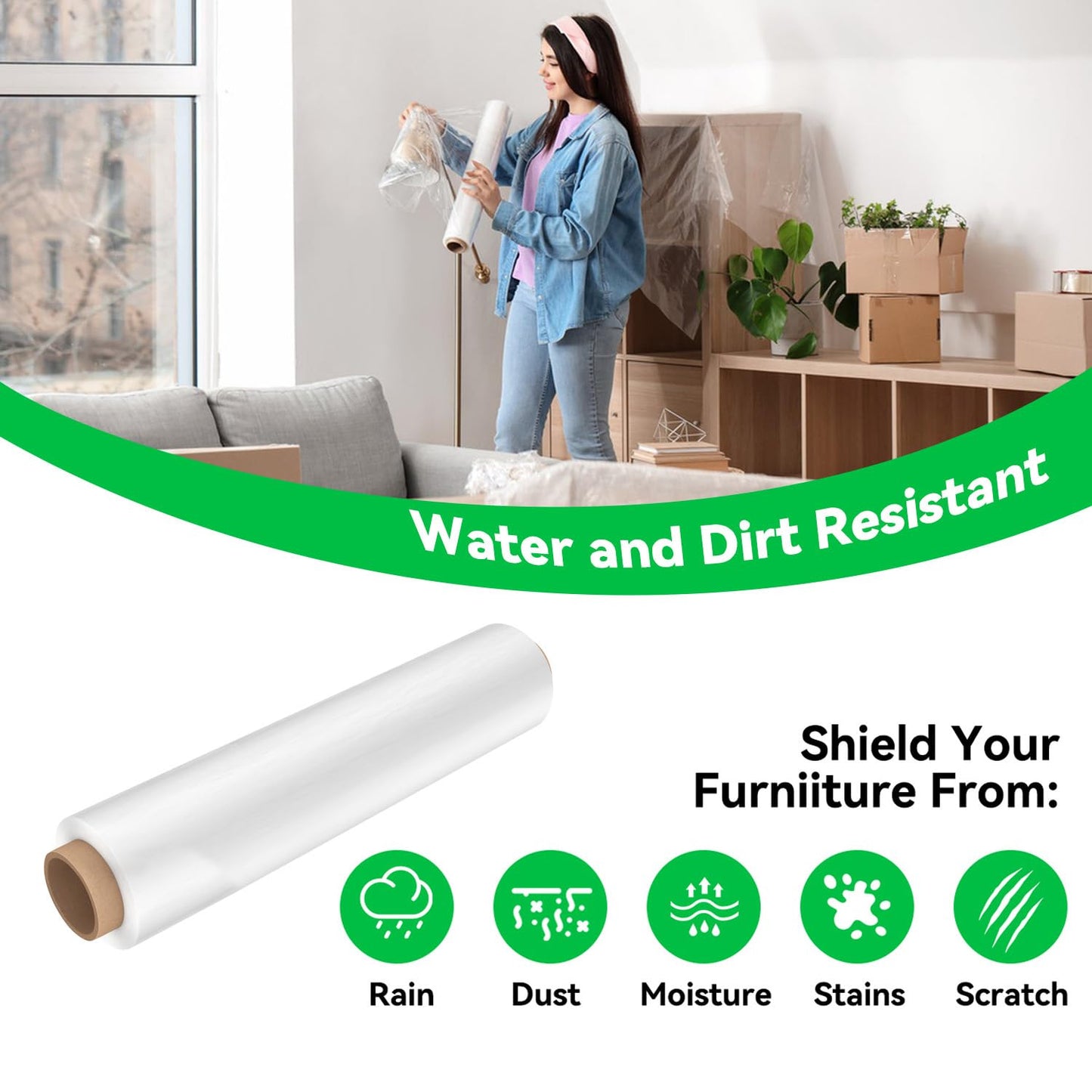 18 Inch Stretch Wrap Roll, Heavy Duty 1500ft Shrink Wrap Roll, Clear 80 Gauge Industrial Strength Stretch Film, Plastic Wrap for Pallet Wrapping Shipping Moving(4 Pack)