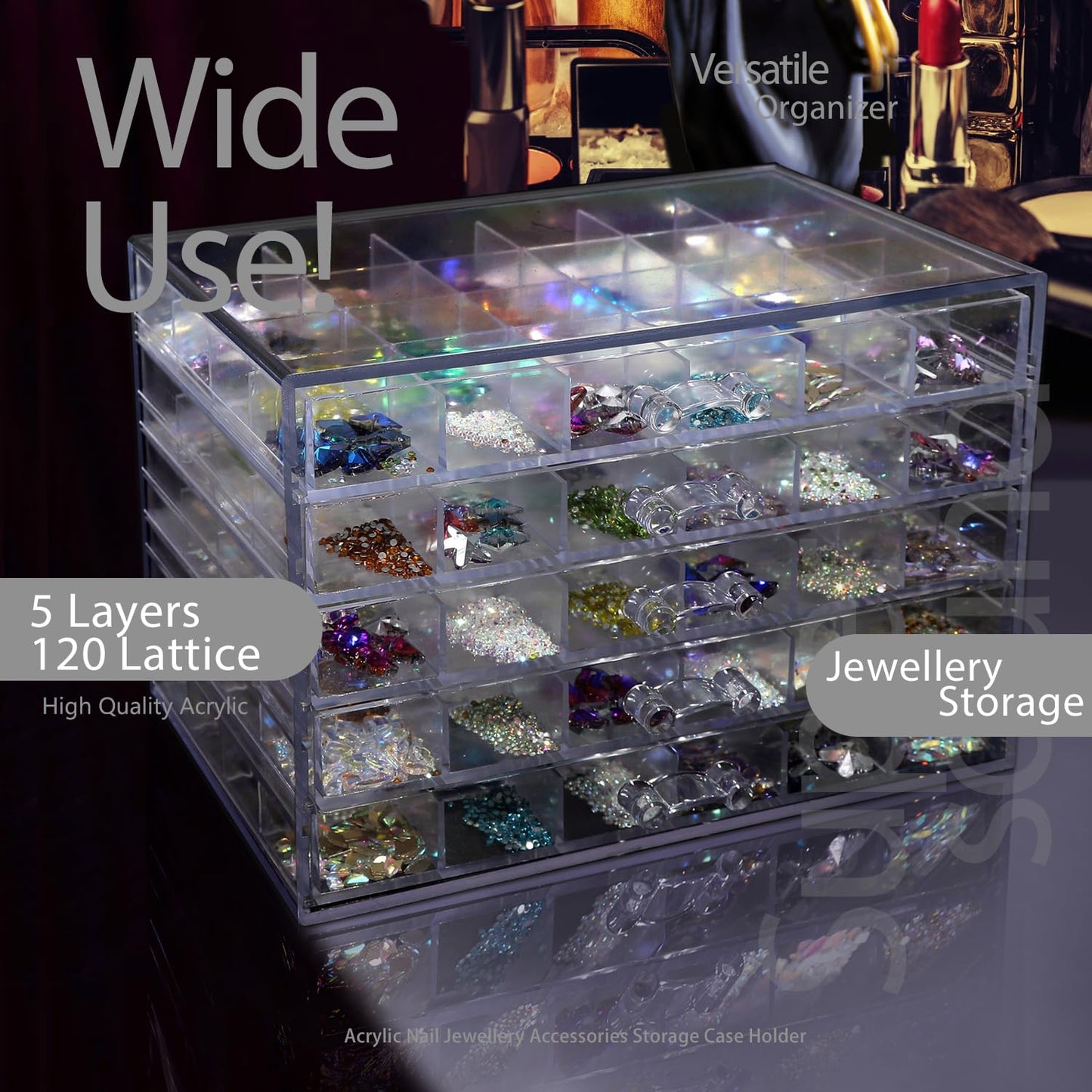 Guolich 5 Tier 120Lattice nail Organizers and Storage Clear Acrylic Nail Jewellery Accessories Storage Case Holder Shelves Display Mesa Para Manicura Profesional Nail Table