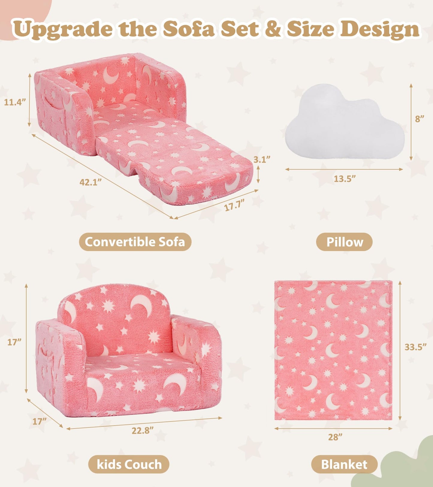 Kids Couch, 2-in-1 Soft Toddler Couch Fold Out with Blanket and Cloud Pillow, Glow in The Dark, Convertible Sofa, Gifts for Kids Girl Boys, Medium Pink Moon