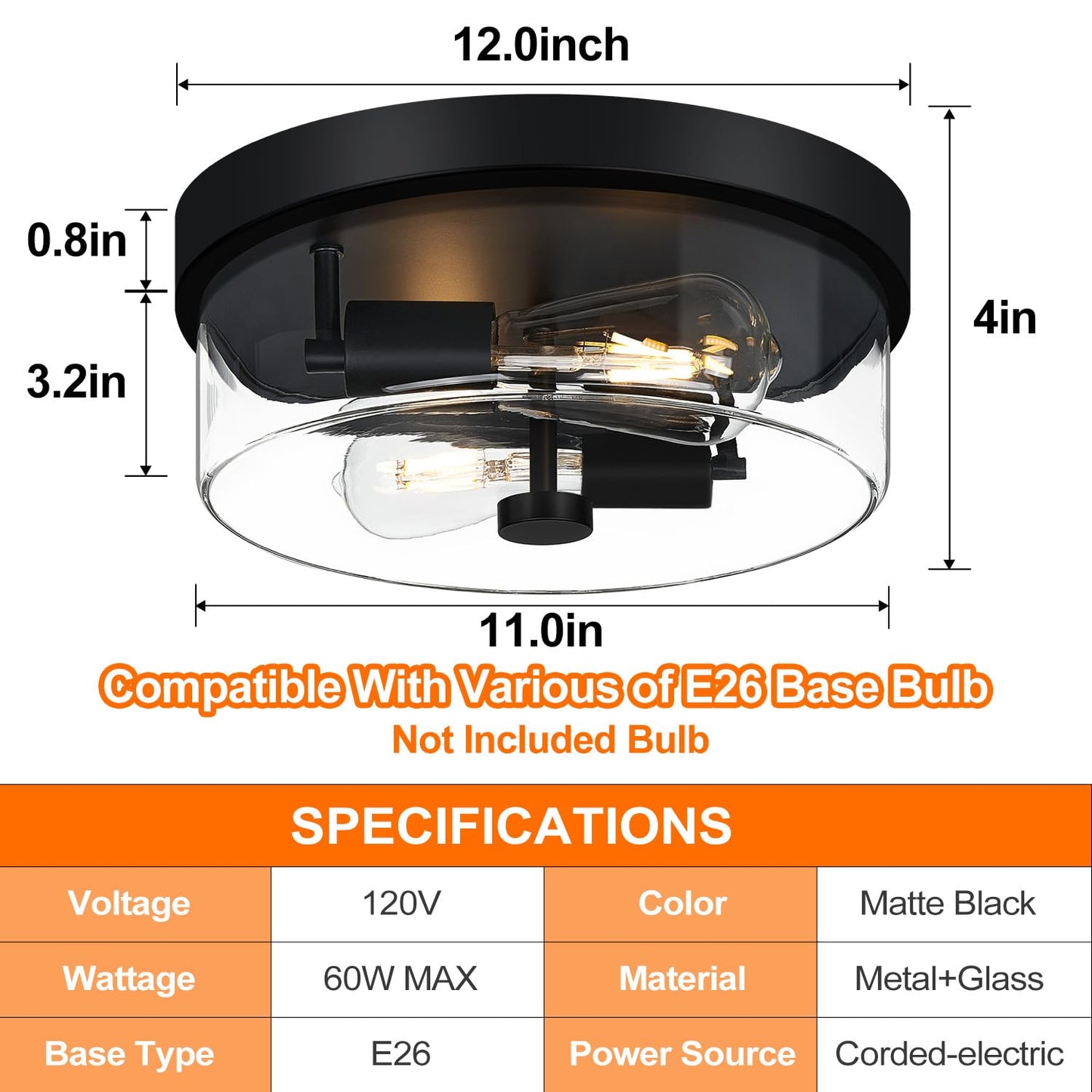 szzgco Flush Mount Ceiling Light Fixtures, 2-Light Black Ceiling Mount for Farmhouse with Clear Glass Lampshade, Industrial Flush Mount Light Fixture for Hallway, Kitchen, Entryway and Foyer