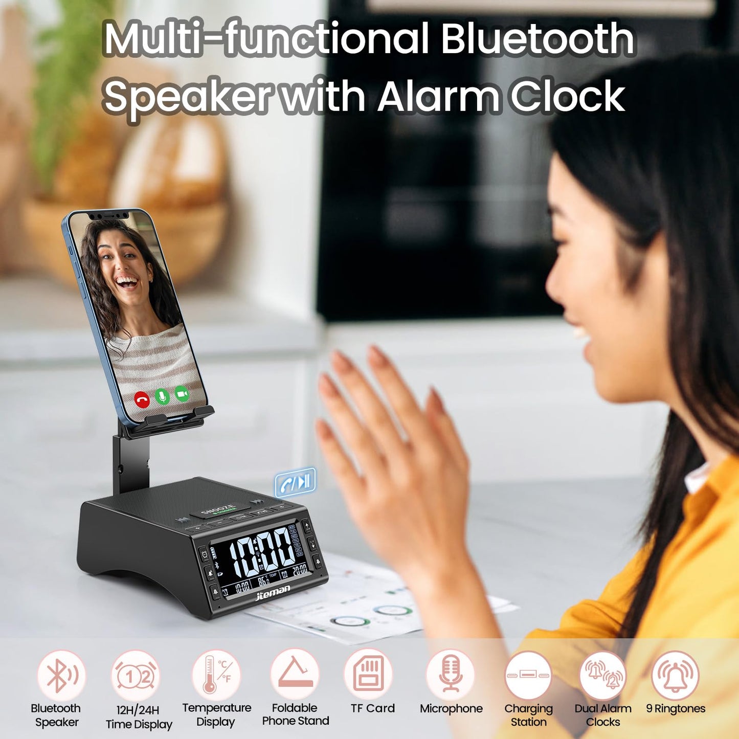 JTEMAN Gifts for Men Women,Cell Phone Stand with Wireless Bluetooth Speaker,Adjustable Cool Tech Kitchen Gadgets,Unique Birthday Gift Idea for Him, Husband, Boyfriend(Black)