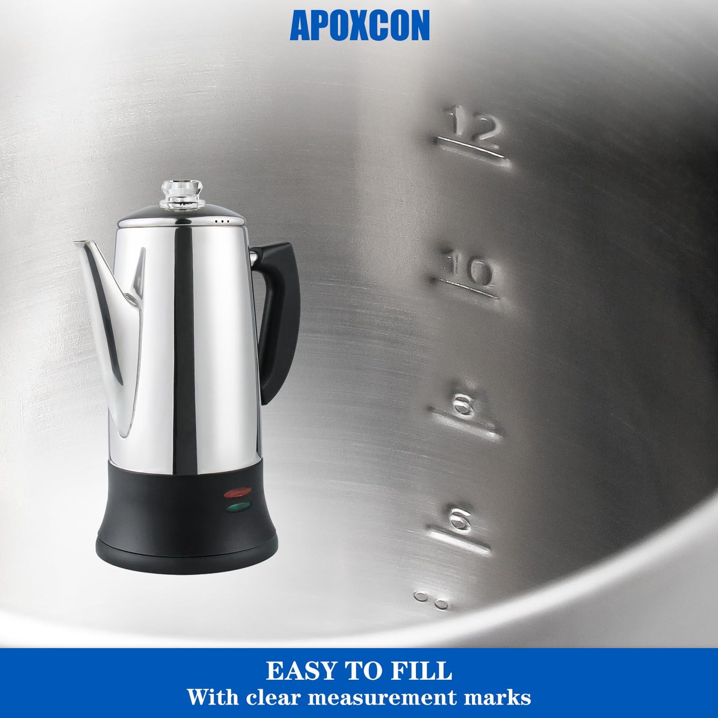 APOXCON Electric Coffee Percolator Stainless Steel Coffee Maker with Heat Resistant Tough Glass Clear Brew Progress Knob, Keep Warm & Cordless Serving Classic Coffee Pot with On/OFF Switch 12 Cup