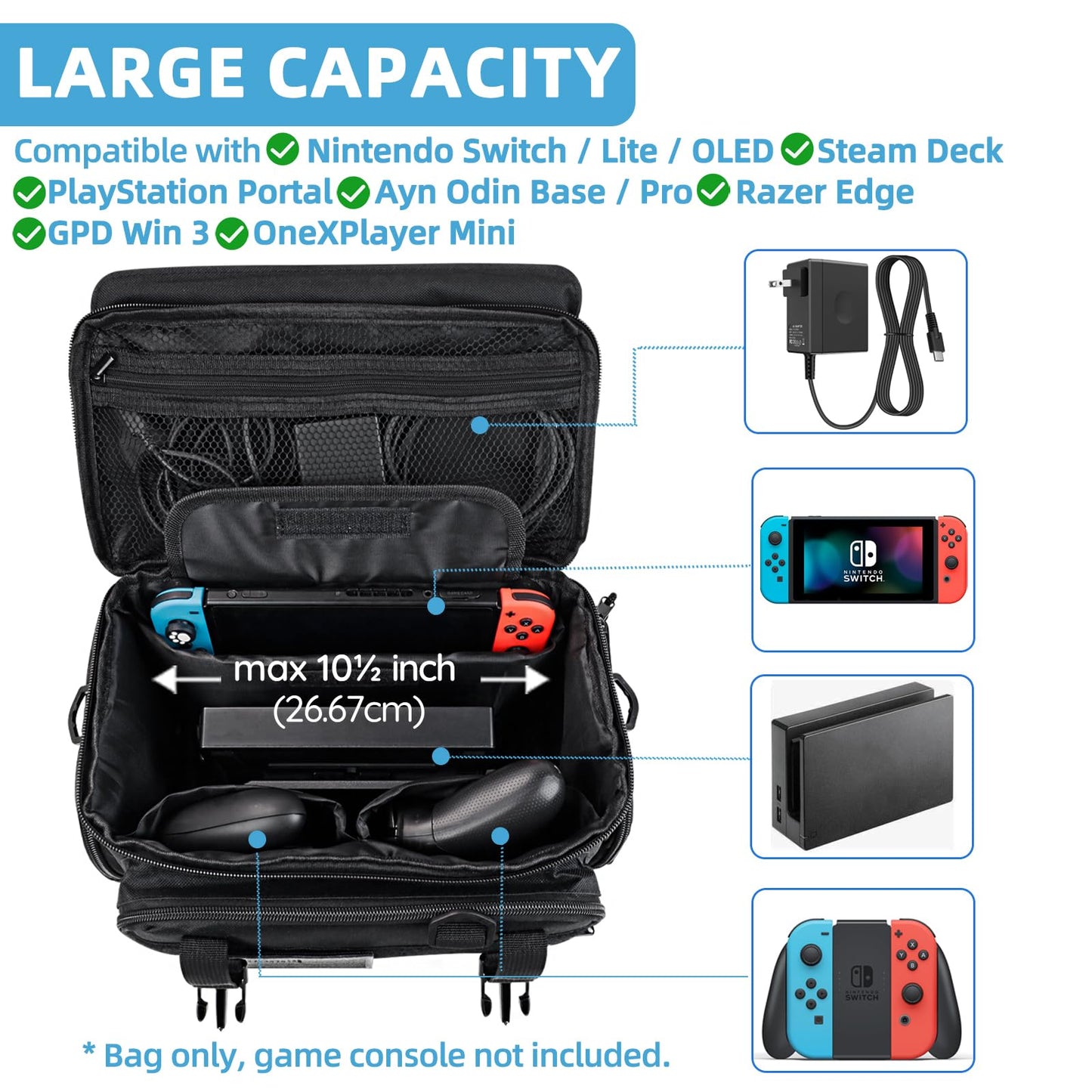 ALSLEA Tactical Travel Gaming Bag Compatible with Nintendo Switch Carrying Case for Steam Deck, for PlayStation Portal Case, Handheld Console Storage Bag with Flag Patch &18 Game Cards Slot (Black)