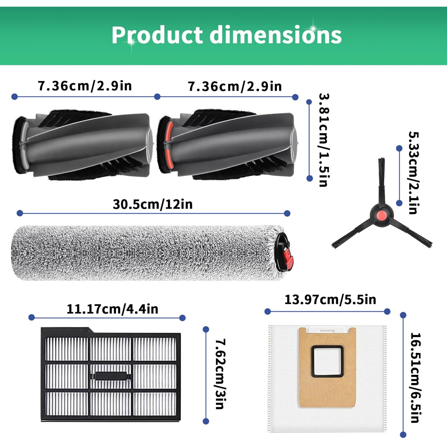 Accessory Kit Compatible with eufy Omni E28 / Omni E25 Robot Vacuum, 23-Pack Replacement Parts with 2 Sets Rolling Brushes, 2 Roller Mops, 4 Filters, 6 Dust Bags, 6 Side Brushes, 1 Cleaning Brush
