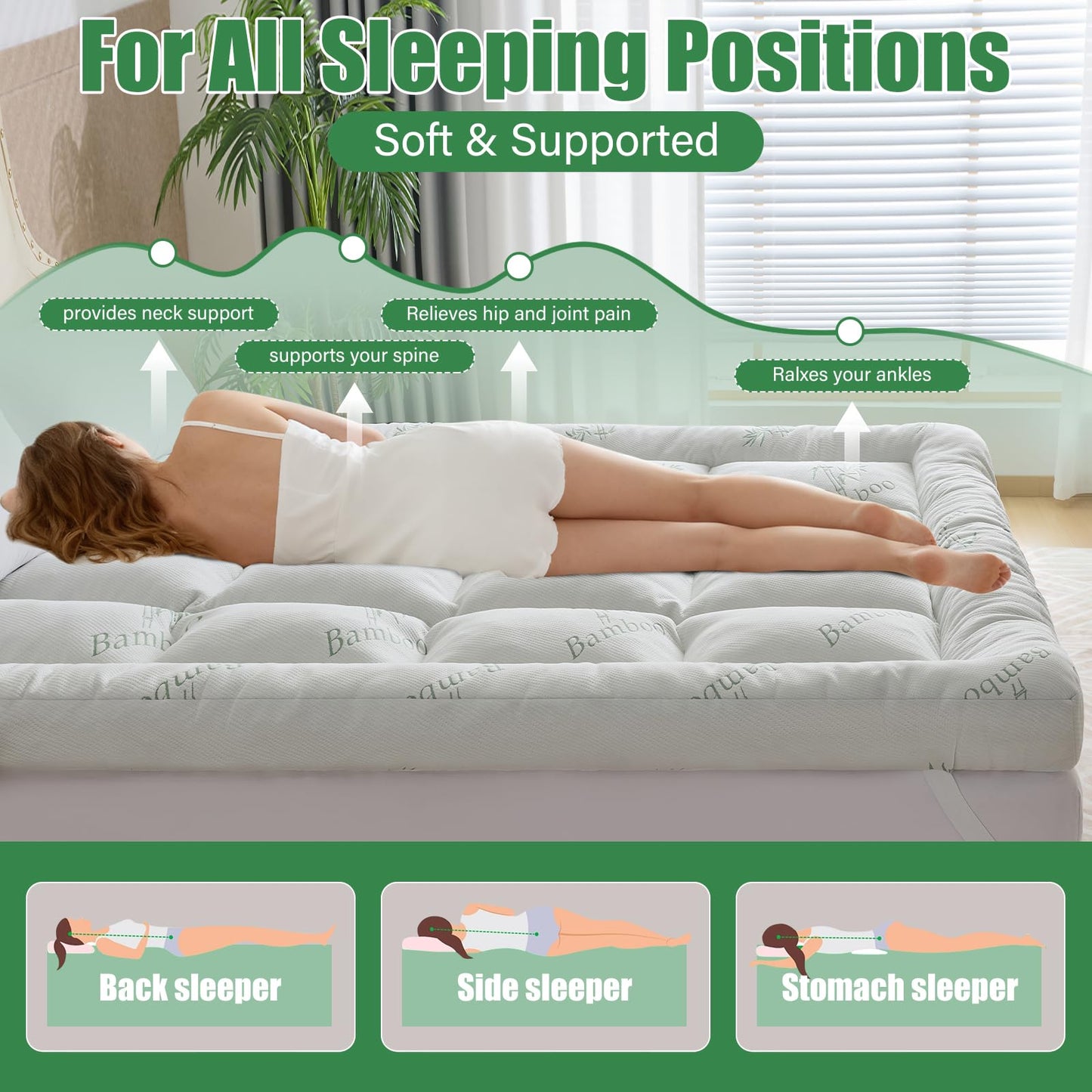 WhatsBedding 5 Inch Memory Foam Mattress Topper Twin Size for Back Pain Relief, with Cooling Breathable Bamboo Viscose Air Layer, Soft Pillow Top Mattress Topper, 75x39x5in