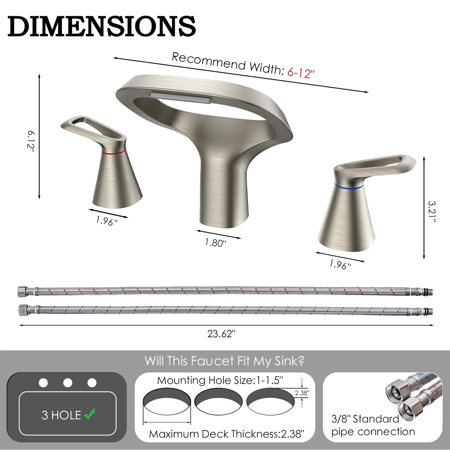 Bathroom Faucets for Sink 3 Hole, Bezeit 8 Inch Brushed Nickel Bathroom Faucet, Solid Brass Widespread Bathroom Faucet with Adjustable Waterfall Spout 2 Handles and 2 Supply Hoses