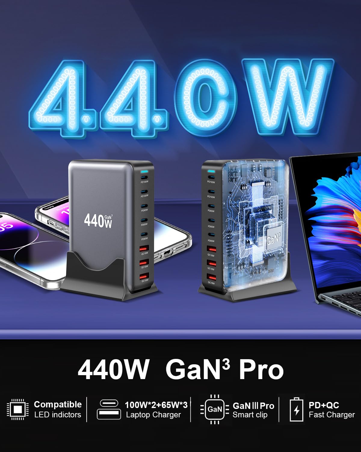 440W Fast USB C Charger GAN Charger Block 8 Port Charging Station HUB Brick Dual PD PPS 100W Wall Charger Compatible with MacBook Pro/Air/All iPad iPhone 16/15/14/13/Pro Max