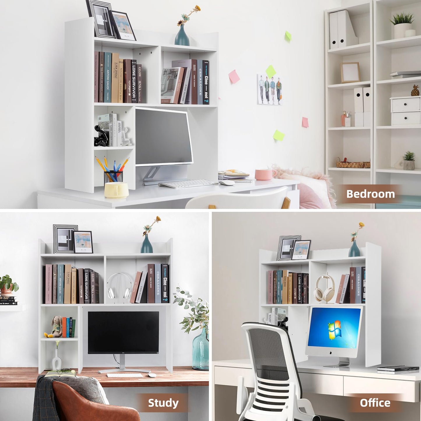 storenization Desktop Bookshelf 36" Tall, White Desk Hutch for Dorm Computer Desk, 4-Tire Wood Desk Shelf Storage Organizer for Office Home