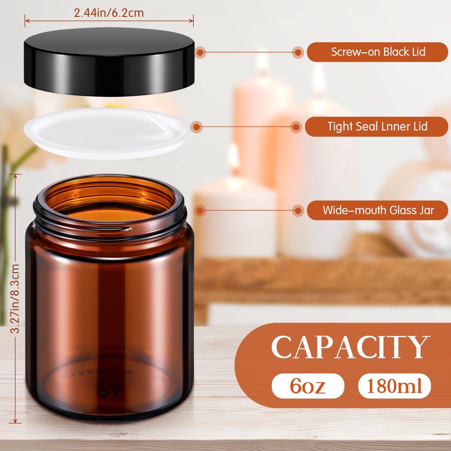Domensi 24 Pcs 6oz Glass Jars with Lids Leakproof Round Airtight Empty Cosmetic Jars with Inner Liners Lid for Storing Lotions Spices Ointments Candle Making Food Storage (Amber)