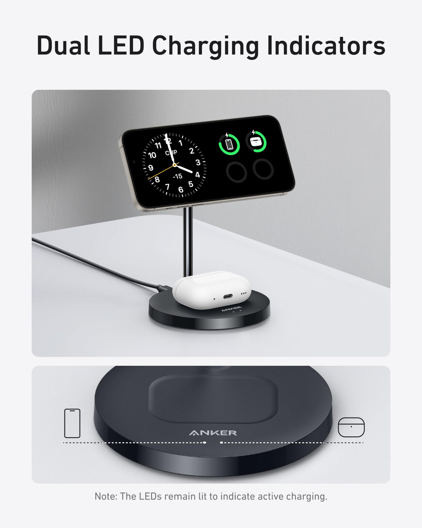 Anker MagSafe Compatible MagGo Charger Stand, iPhone 16 Wireless Charger, 2-in-1 Charging Station, Qi2 Certified 15W Max Charging, for iPhone 16/15/14/13/12, AirPods Pro (40W USB-C Adapter Included)