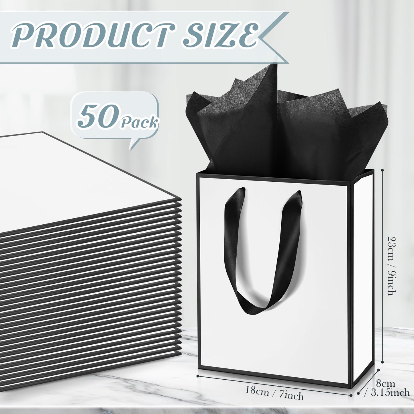 Yeaqee 50 Pack Metallic Gift Bags with Handle and Tissue Paper Gold Foil Welcome Bag for Wedding Guest Fall Party Hotel Guest 5 Senses Gifts Birthday Baby Shower Holiday 9x7x3.15''(White Black)